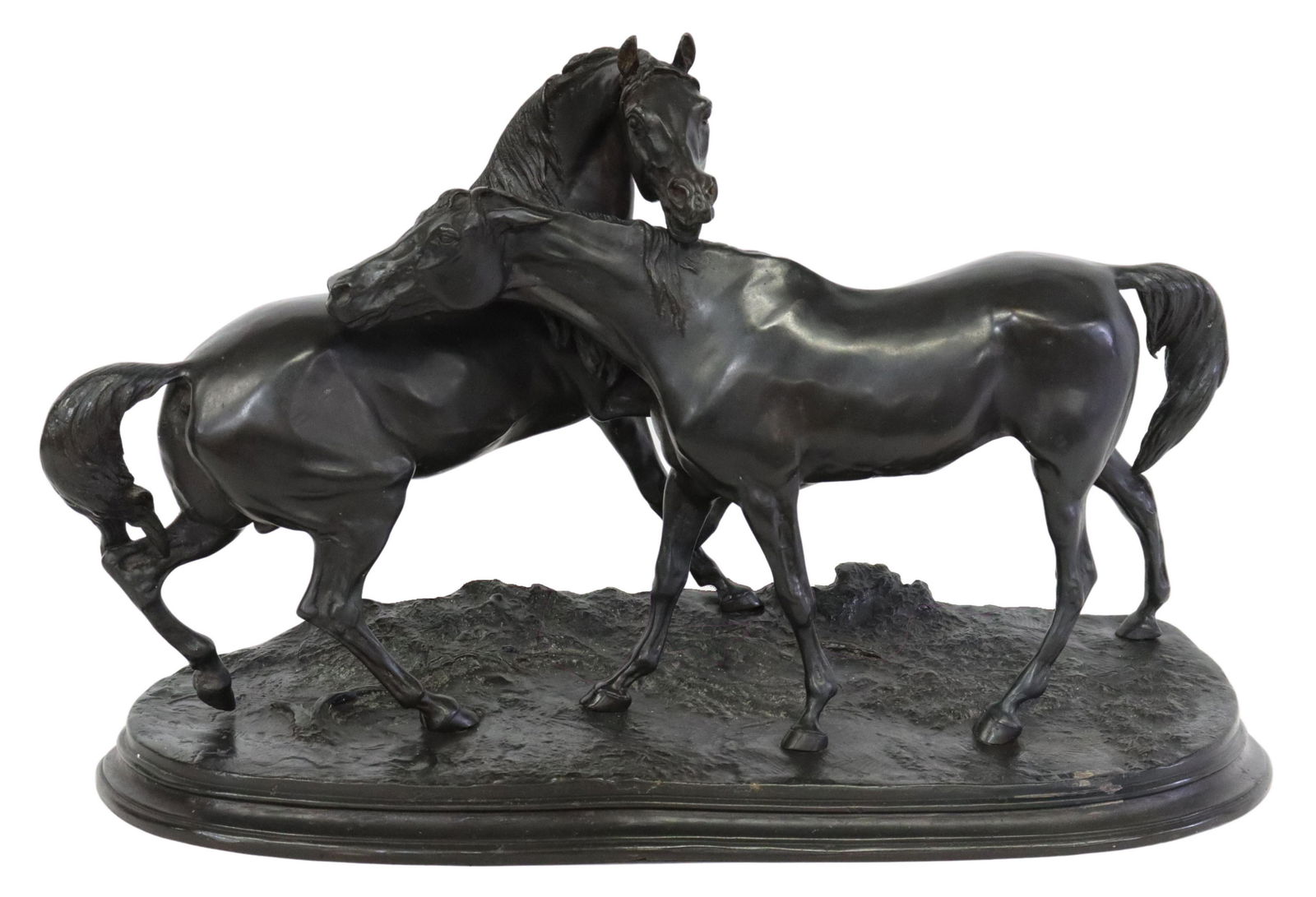 AFTER PIERRE JULES MENE SCULPTURE ARABIAN HORSES: Painted bronze sculpture, "L'Accolade," after Pierre Jules Mene (French, 1810-1879), depicting courting Arabian horses, on naturalistic base, approx 13"h, 21.5"w, 8.5"d, 31.25lbs Start Price: $150.00