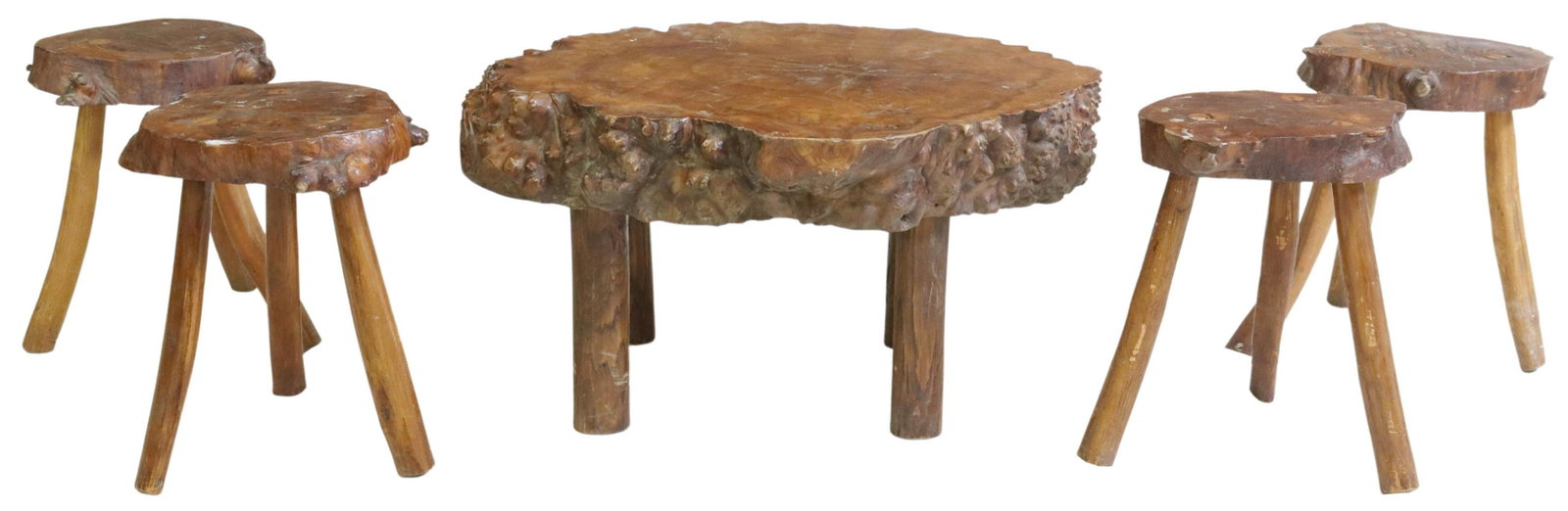 5) RUSTIC FRENCH LIVE EDGE BURLWOOD TABLE & STOOLS: (lot of 5) Rustic French burlwood lounge set, 20th c., with live edge slab top, rising on tree branch legs, including: (1) table, approx 18"h, 33"w, 25"d; (4) stools, approx 17"h, 13"w, 10"d Start Pri