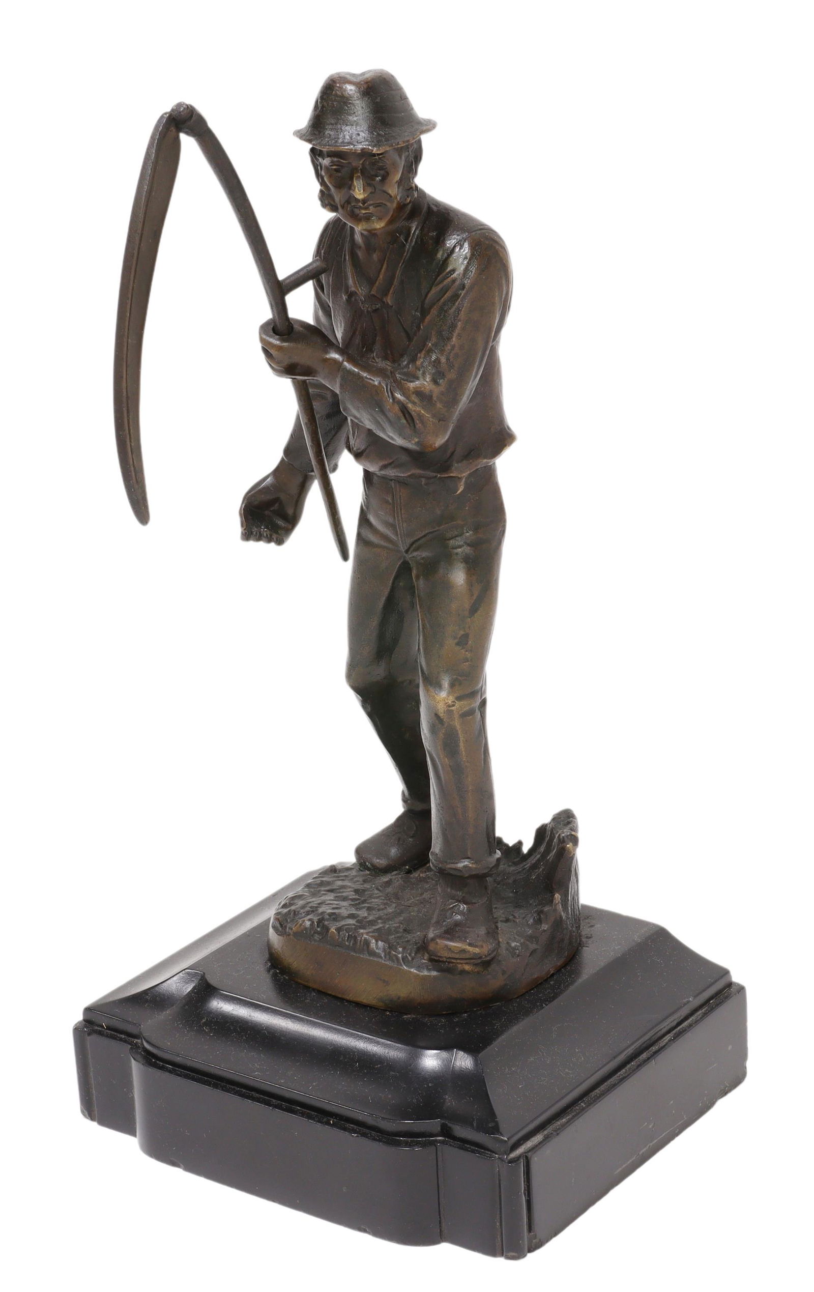 AFTER HANS KECK (D.1941) BRONZE REAPER SCULPTURE: Bronze sculpture, Wheat Reaper, signed in cast after Keck (Hans Keck, Austrian, 1875-1941), farmer holding scythe, rising on black base, approx 11.5"h, 5.75"w, 6.75"d, 7.75lbs Start Price: $100.00
