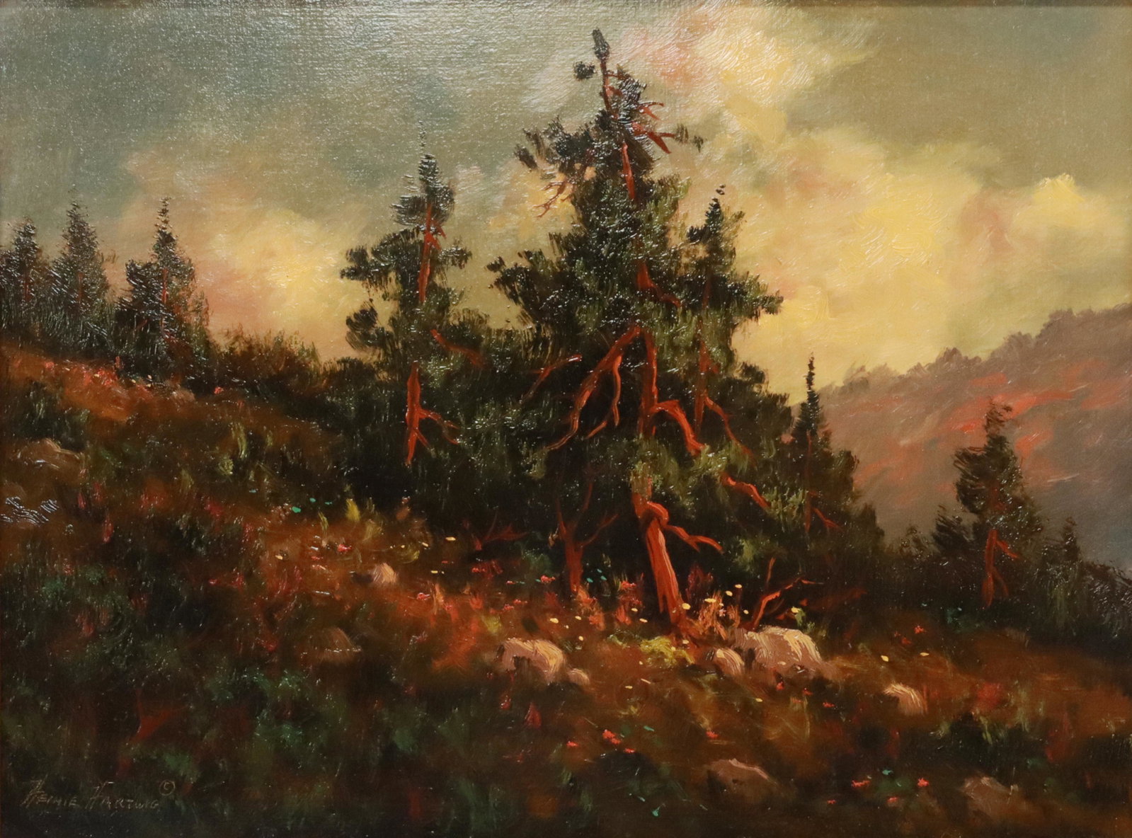 HEINIE HARTWIG (B.1937) LIGHT ON THE RIDGE, 9"X12": Framed oil on board painting, "Light on the Ridge," signed lower left Heinie Hartwig (American, b.1937), sight: approx 8.75"h, 11.75"w, overall: 12"h, 15"w, 1.75lbs Start Price: $150.00