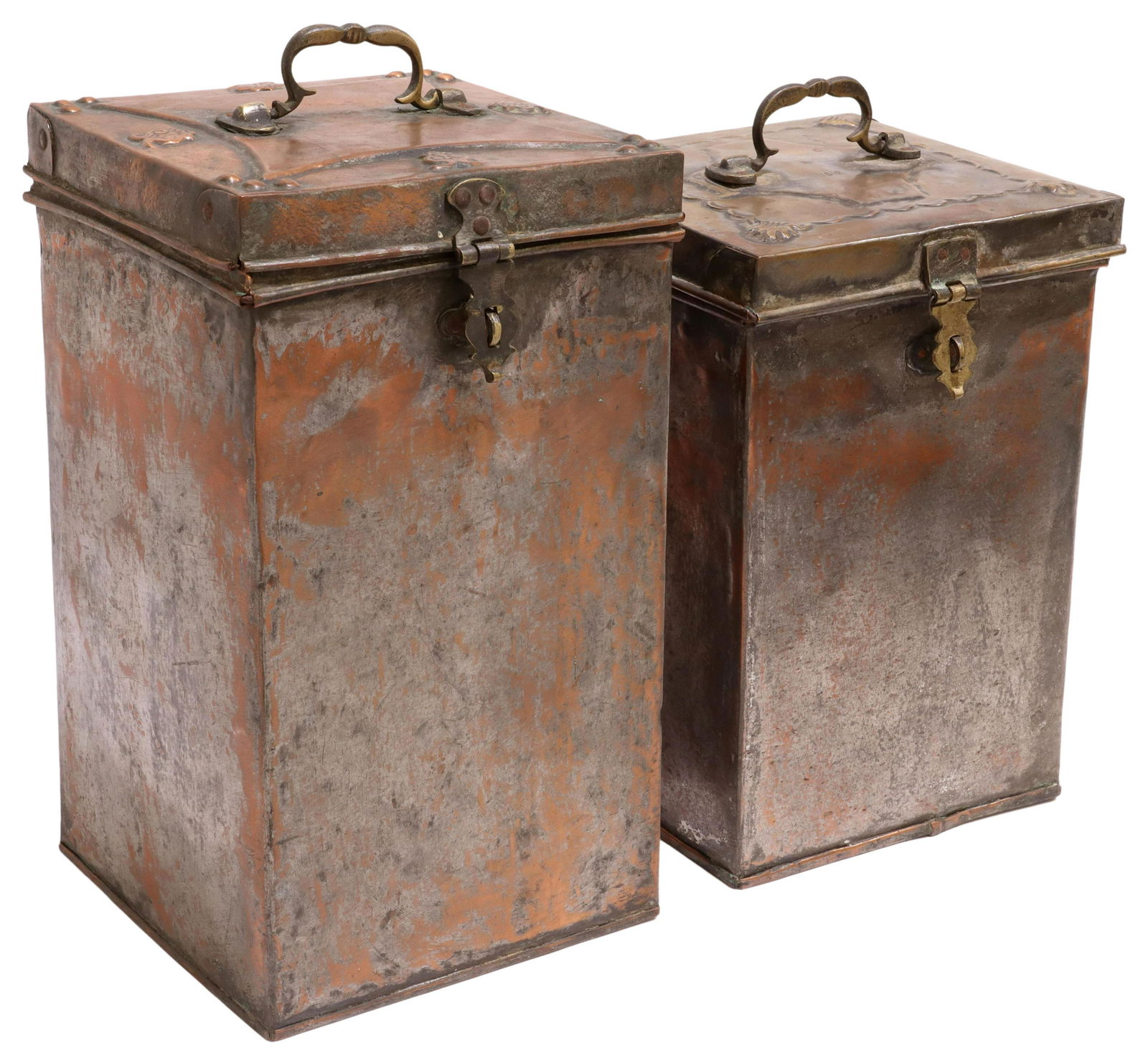 (2) ANTIQUE COPPER & TIN STORAGE BOXES: (lot of 2) Antique metal, possibly copper and tin, storage boxes, both with repousse ornamented hinged lids, top handles, shaped lock plates, largest: approx 16"h, 9.25"w, 9.25"d, smallest: approx 13.