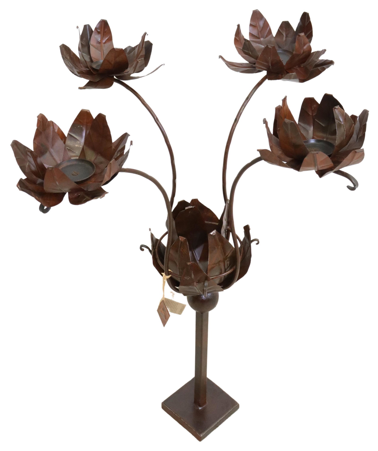 JAN BARBOGLIO IRON 4-LIGHT FLOOR CANDELABRUM, 41"H: Contemporary wrought iron floor candelabrum, Jan Barboglio, Mexico, 21st c., single floral bulb, issuing four foliate candle holders, rising on ball and rod standard, ending on square base, retaining 