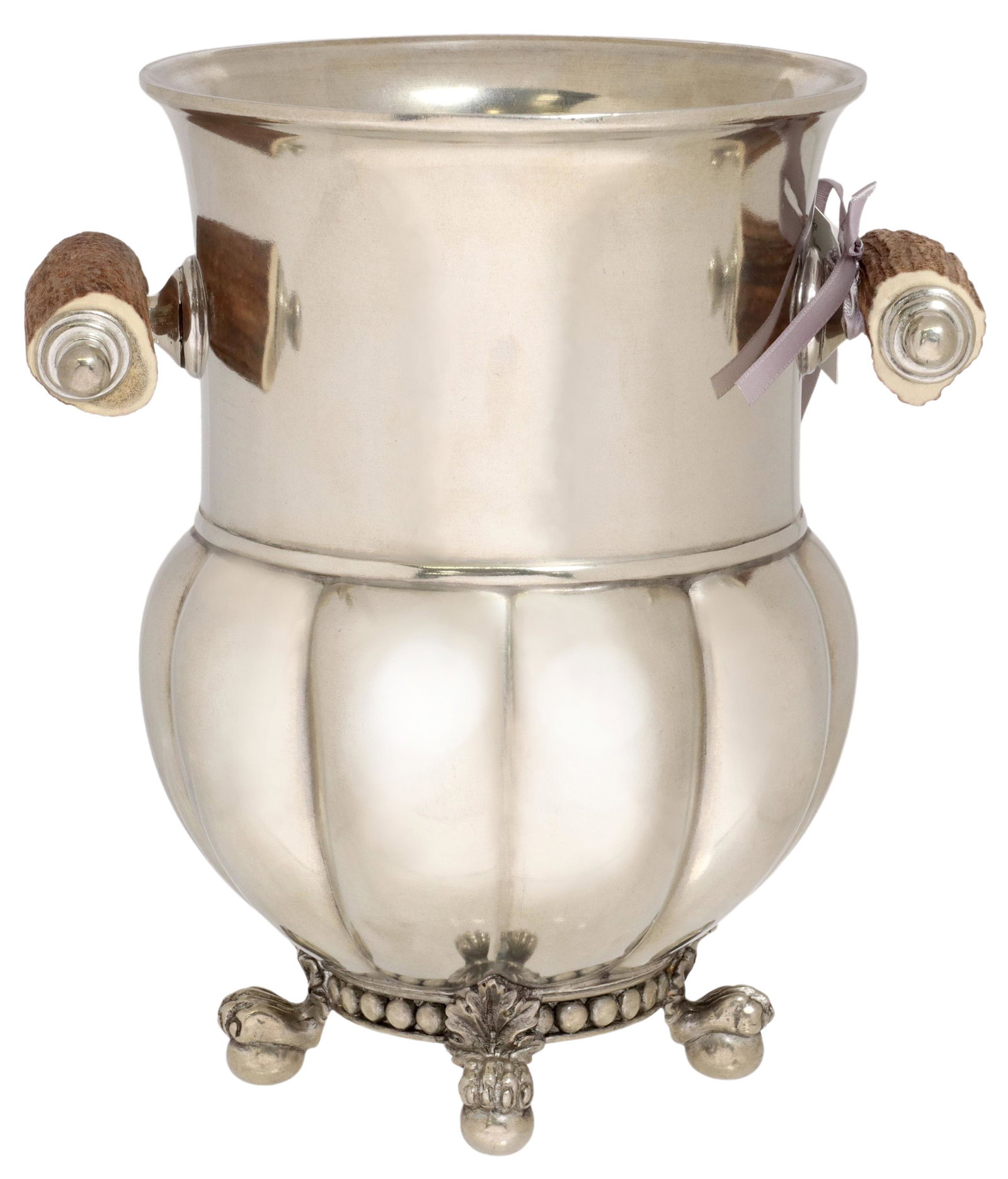 VAGABOND HOUSE MEDICI LIVING PEWTER WINE BUCKET: Designer pewter champagne/ wine bottle cooler, Vagabond House, 21st c., with faux antler handles, fluted base, on four ball-and-claw feet, approx 9"h, 8.25"w, 4lbs (for shipping purposes only) Start P