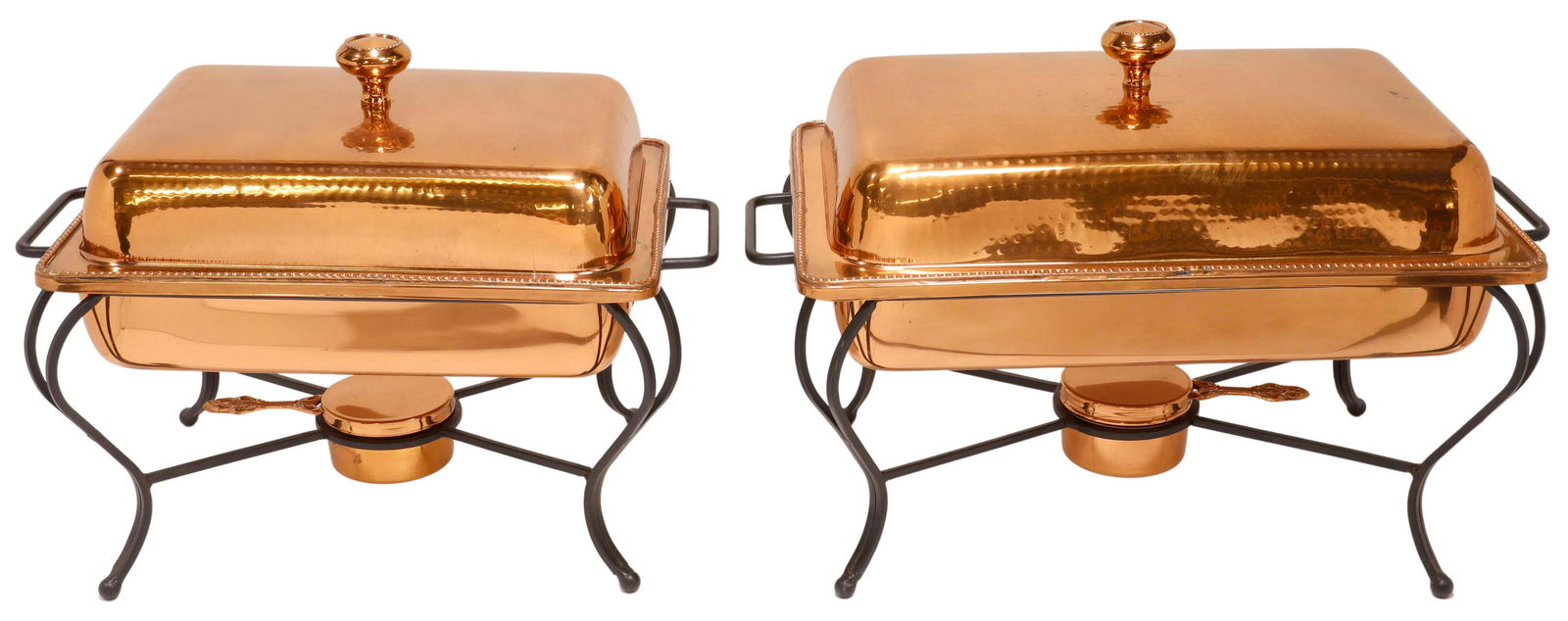 (2) COPPER-PLATED CHAFING/ SERVICE DISHES: (lot of 2) Copper-plated chafing/ service dishes, Star Home Designs, retailed by Neiman Marcus, 21st c., rectangular shape, lid with round top knob, interior liner, rising on steel base, ending on cab