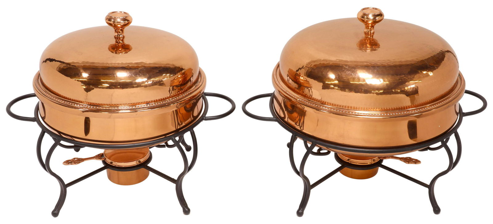 (2) COPPER-PLATED CHAFING/ SERVICE DISHES: (lot of 2) Copper-plated chafing/ service dishes, Star Home Designs, retailed by Neiman Marcus, 21st c., round form, with round top handle knob, opening to interior liner, rising on steel base with si