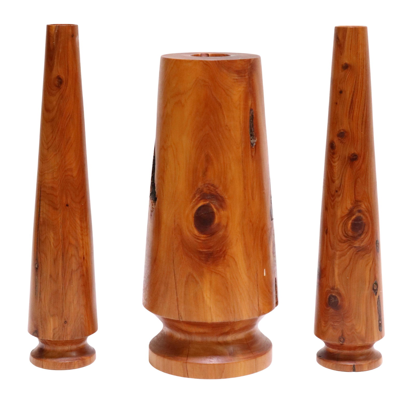 (3) CRAFTSMAN TURNED WOOD VASE & CANDLESTICKS: (lot of 3) Turned wood garnitures, signed underfoot WW, including: (1) vase, numbered 44, approx 11.5"h, 4.75"diam, (2) candlesticks, numbered 30A and 30B, approx 12.5"h, 2.75"diam; 6.25lbs total Star
