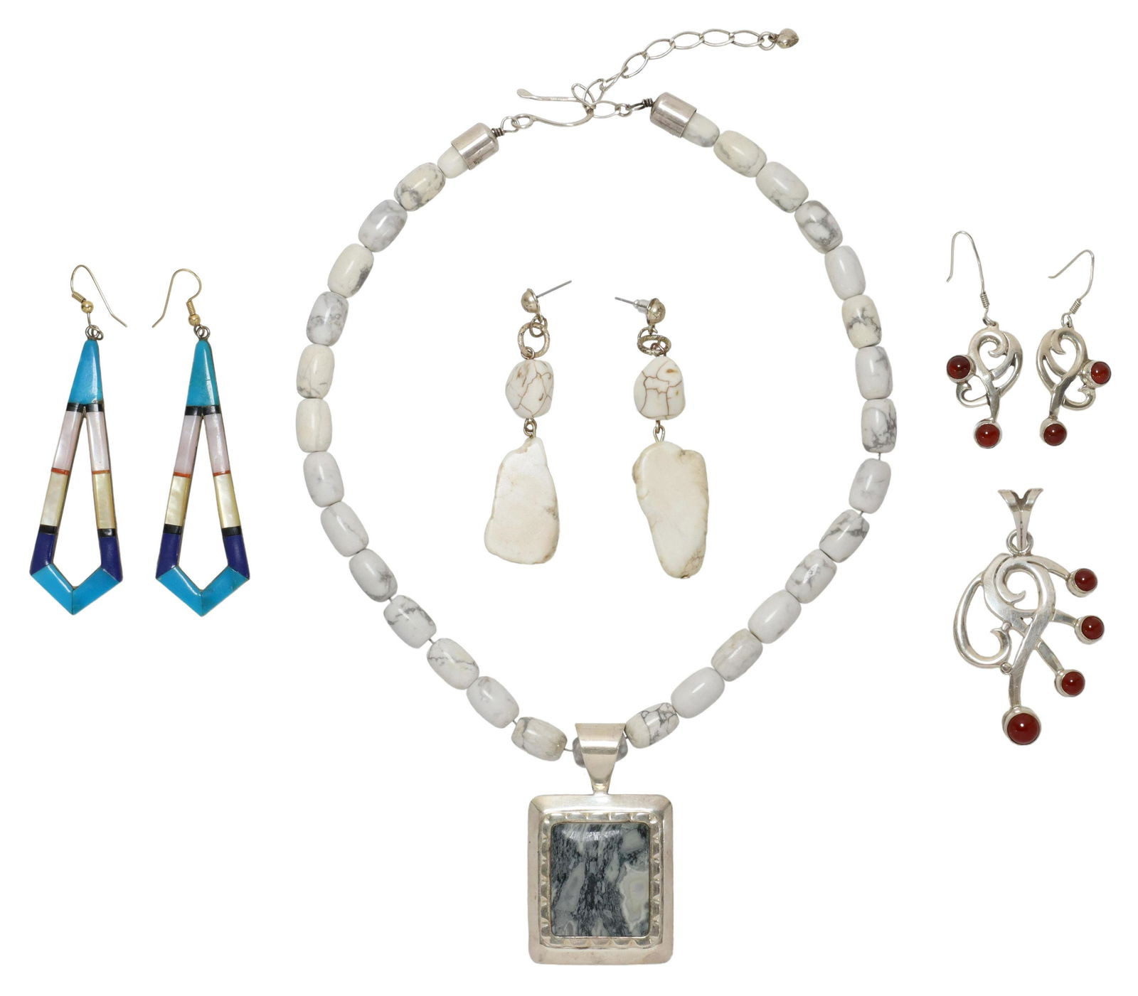 (5) SOUTHWEST STYLE STERLING & OTHER JEWELRY: (lot of 5) Southwest style jewelry, including: (1) beaded necklace, with sterling silver pendant, hook clasp, marked DTR China (Jay King, Desert Rose Trading), approx 18.5"-21"l, (pair) multi-stone in