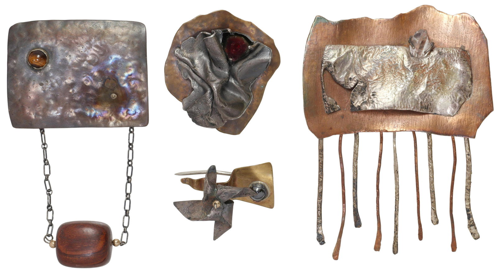 (4) ARTISAN MIXED METAL & GEMSTONE BROOCHES: (lot of 4) Artisan mixed metal brooch group, by Debbie Shobe, various materials and form, accents of cats eye, crystal quartz, hematite, wood, etc, all unsigned, largest: approx 3.5"l, 2 7/8"w, 89.2 g