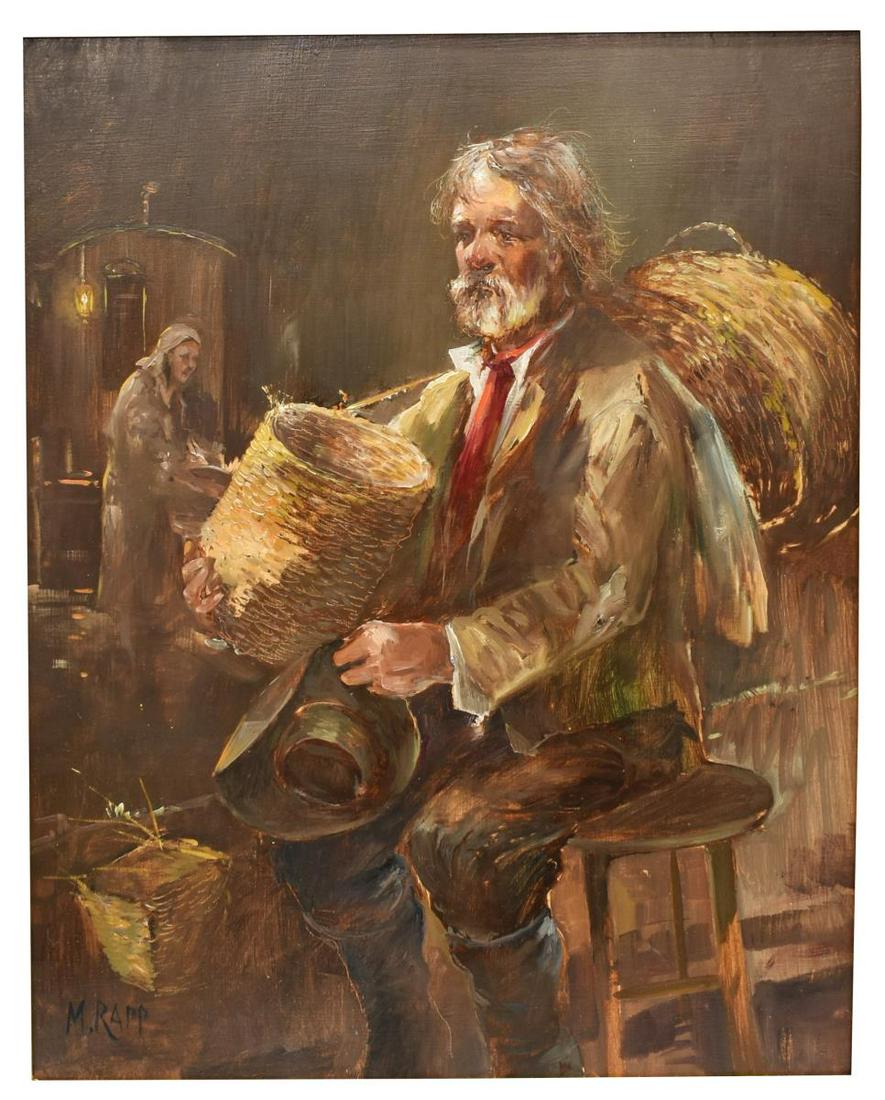MANFRED RAPP (B.1956) OIL PAINTING BASKET SELLER: Framed oil on board painting, "Romani People," signed lower left M. Rapp (Manfred Rapp, German, active in New Mexico, b.1956), titled verso, accompanied by certificate of authenticity issued by the ar