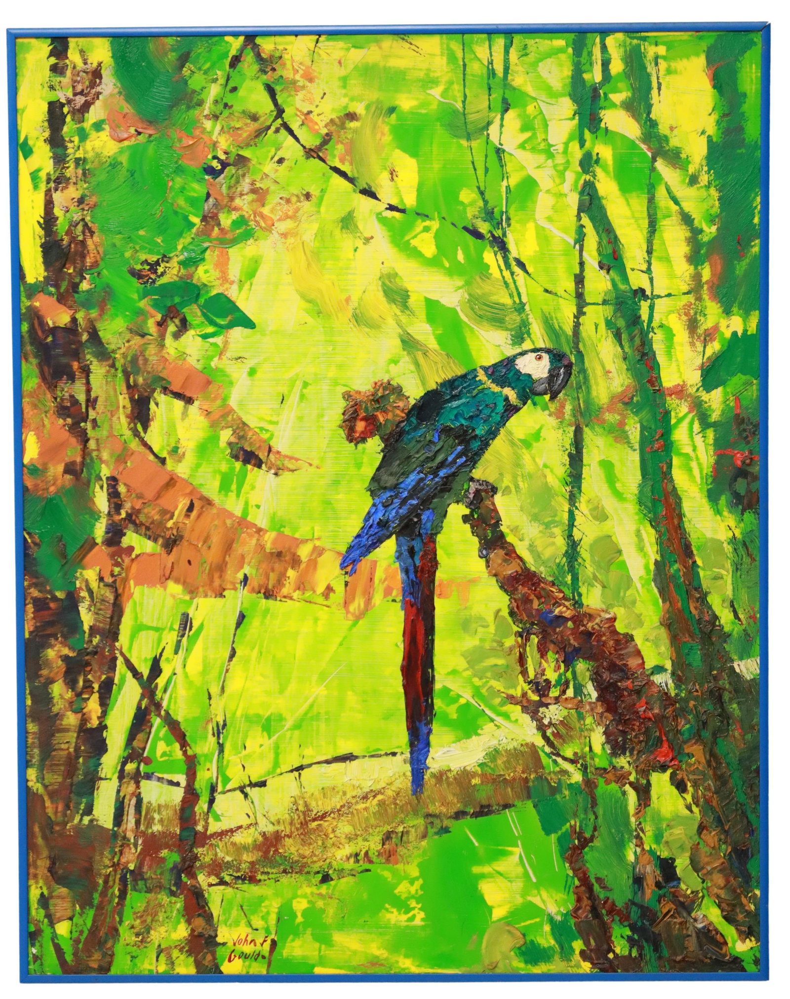 JOHN FLEMING GOULD (1906-1996) RAINFOREST MACAW: Framed oil on board painting, Macaw Perched in Rainforest, signed lower left John F. Gould (John Fleming Gould, American, 1906-1996), sight: approx 27.5"h, 21.5"w, overall: 28.25"h, 22.25"w, 5lbs Star