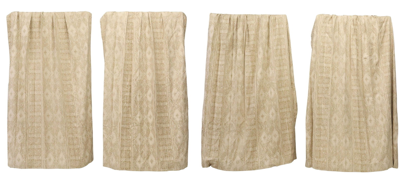(4) CUSTOM TRIBAL-INSPIRED PATTERN CURTAIN PANELS: (lot of 4) Custom curtain panels, woven textile with printed tribal-inspired pattern, lined, some light spotting to lining, (two) approx 108"l, 56"w (along pleated top edge), (two) approx 108"l, 43"w 