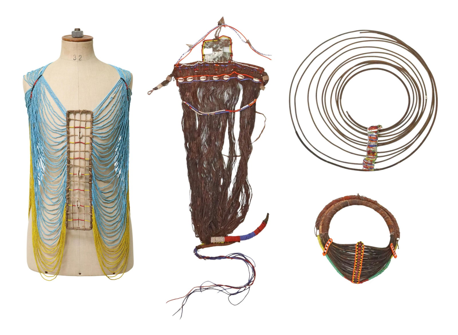 (4) AFRICAN BEADED ACCESSORIES, VEST, NECKLACES: (lot of 4) African beaded accessories, including: (1) beaded vest, likely South African; (1) metal neck rings, with beaded accents; (1) "Mpooro Engorio" wedding necklace, the Samburu peoples, Kenya, f