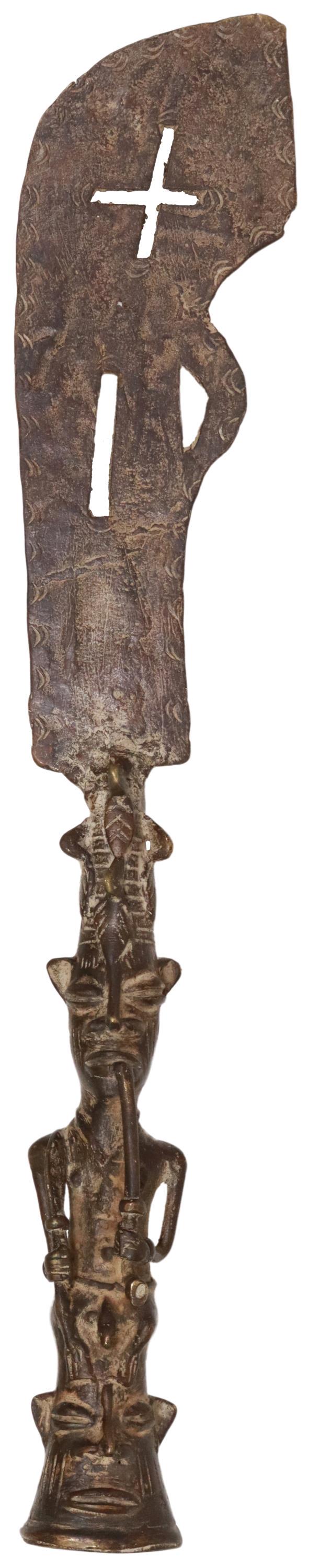 AFRICAN CEREMONIAL IRON AXE HEAD, FIGURAL SHAFT: Ceremonial African iron axe head, having a figural iron shaft, the blade with attractive etching and cutouts including a cross form, the shaft with a figure seated on a mask head and holding a knife i