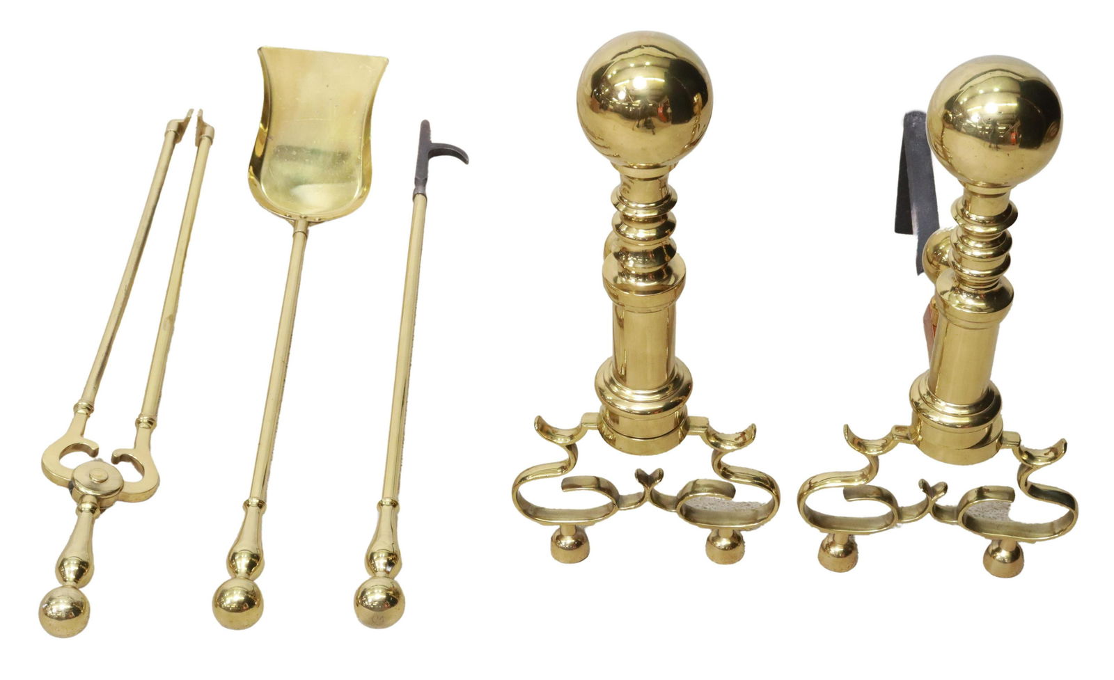 (4) AMERICAN BRASS ANDIRONS & FIREPLACE TOOLS: (lot of 4) American brass fireplace accessories, including: (1) shovel, (1) poker, (1) tongs, (pair) andirons, with ball finial, scrolled base, approx 19"h, 8.25"w, 20"d Start Price: $80.00