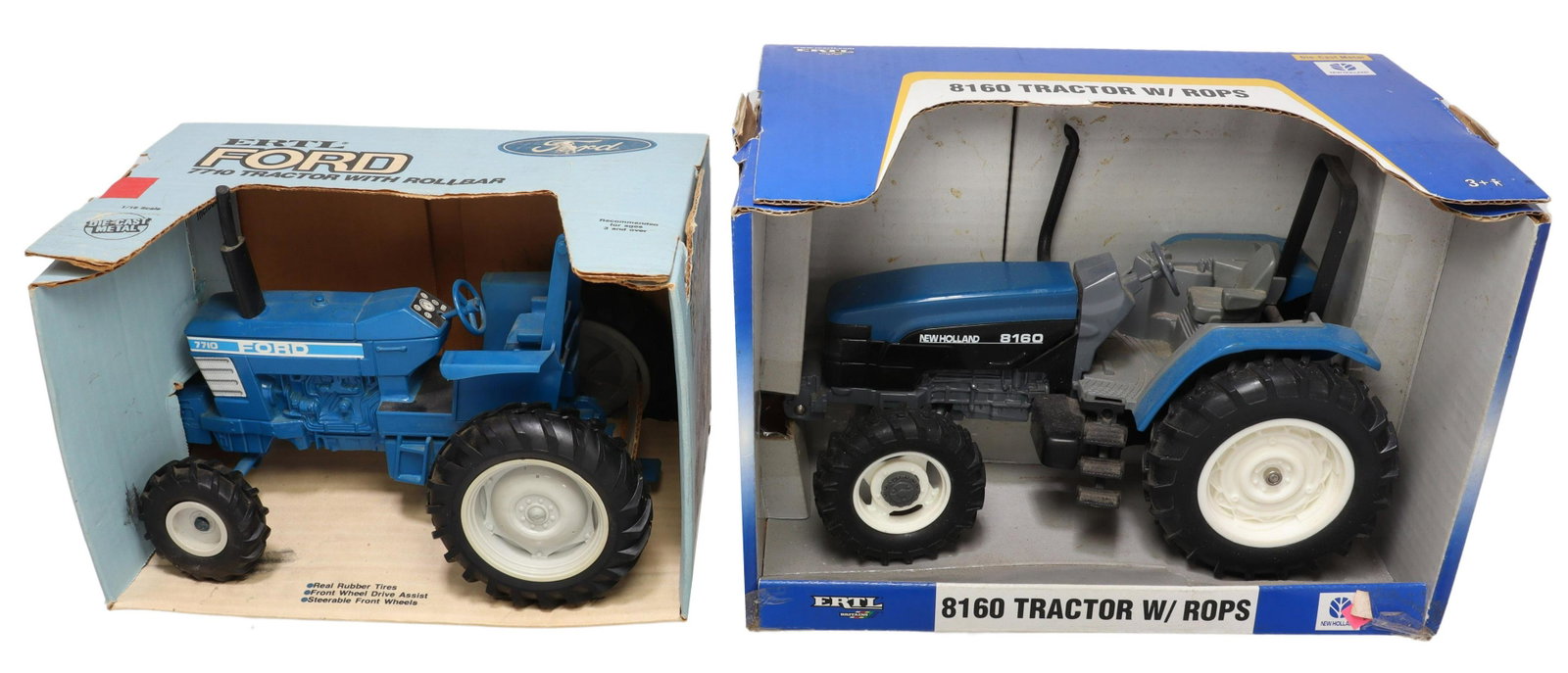 (2) ERTL FORD 7710 & NEW HOLLAND 8160 TRACTORS: (lot of 2) Ertl Model Die Cast tractors: (1) Ford 7710 1/16th scale tractor with roller, rear rubber tires, front wheel drive assist, steerable front wheel, appears as not used, original box with some