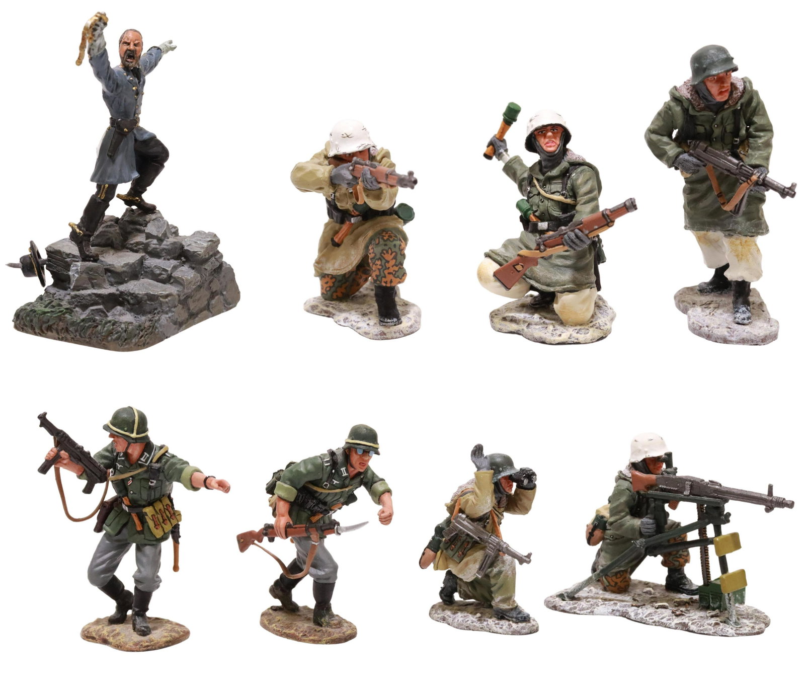 (3) KING & COUNTRY WWII GERMAN & CONTE CIVIL WAR: (lot of 3 boxes) Military figures in original boxes: (1) King & Country, three WWII German figures dressed in snow uniforms, one holding grenade, one with rifle, one with light machine gun; (1) King &