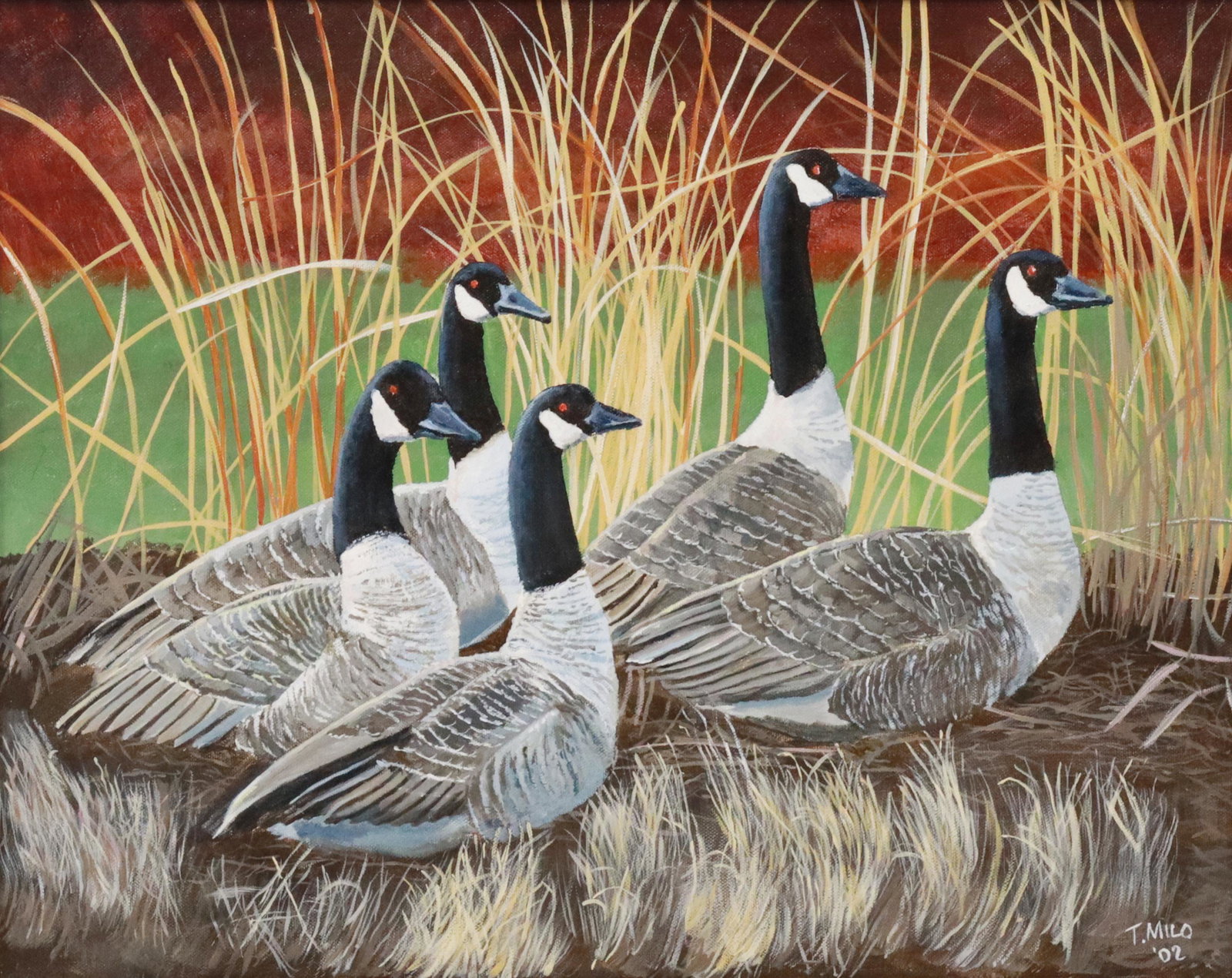 T. MILO (20TH C.) PAINTING CANADA GEESE, 16" X 20": Framed acrylic on canvas painting, Canada Geese, signed lower right T. Milo (20th c.), dated [20]02, sight: approx 15.5"h, 19.5"w, overall: 21"h, 25"w, 3.5lbs Start Price: $80.00