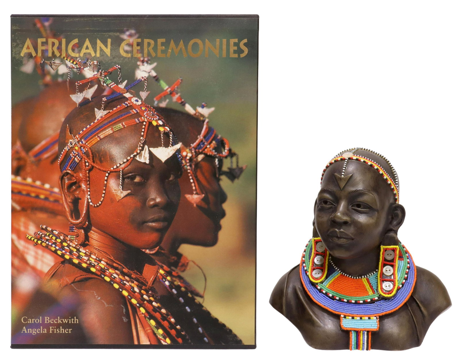 (2) YUKO MIYARE BUST & BOOK AFRICAN CEREMONIES: (lot of 2) including: (1) sculpture, Bust of a Maasai Lady, signed Yuko Miyare (Kenyan, 20th c.), with applied beadwork, approx 8.75"h, 8.5"w, 4.5"d, (1) book: "African Ceremonies," Carol Beckwith, An