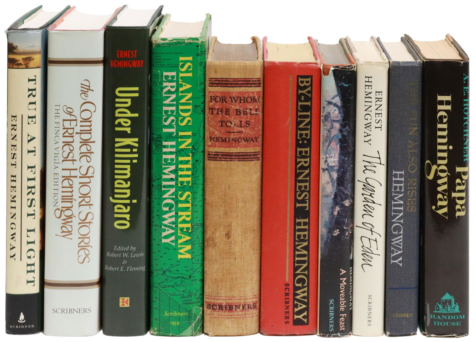 (10) BOOKS: WRITTEN BY & ABOUT ERNEST HEMINGWAY: (lot of 10) Books: all written by or about Ernest Hemingway, including: (8) published by Charles Scribner's Sons, New York, (one) "For Whom the Bell Tolls," 1940, 471 pages, (one) "By-Line: Ernest Hem