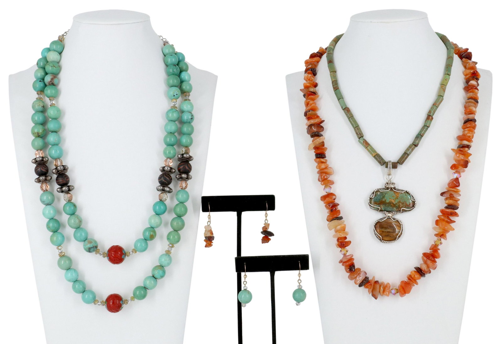 (5) BEADED GEMSTONE NECKLACES & EARRINGS: (lot of 5) Beaded jewelry, including: (1) double-strand turquoise necklace, clasp marked Lady Ellen, approx 22.5"-23.5"l, (pair) turquoise bead earrings, for pierced ears, 14kt gold-filled ear wires, 