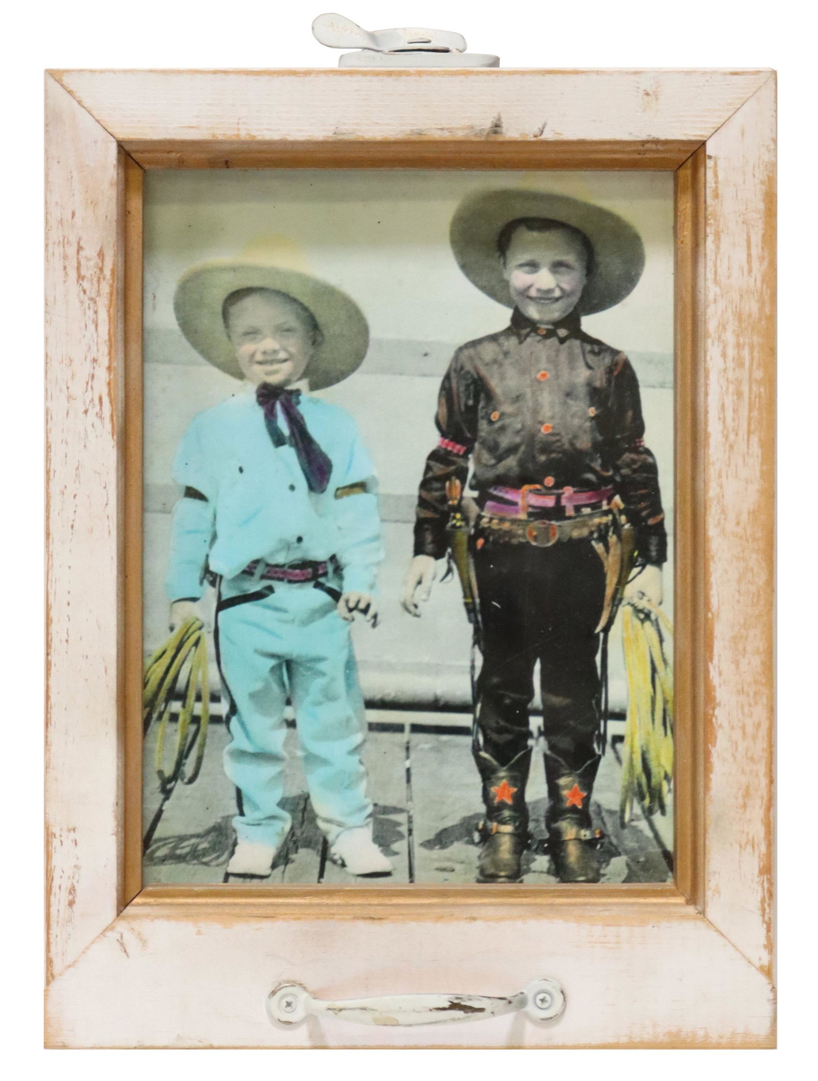 J. DON COOK (20TH C.) PRINT 'LITTLE BUCKAROOS': Framed print on paper, "Little Buckaroos," reproduced by J. Don Cook (Oklahoma, 20th c.) from the National Cowboy Hall of Fame, housed in window style frame, sight: approx 11.25"h, 8.25"w, overall: 15