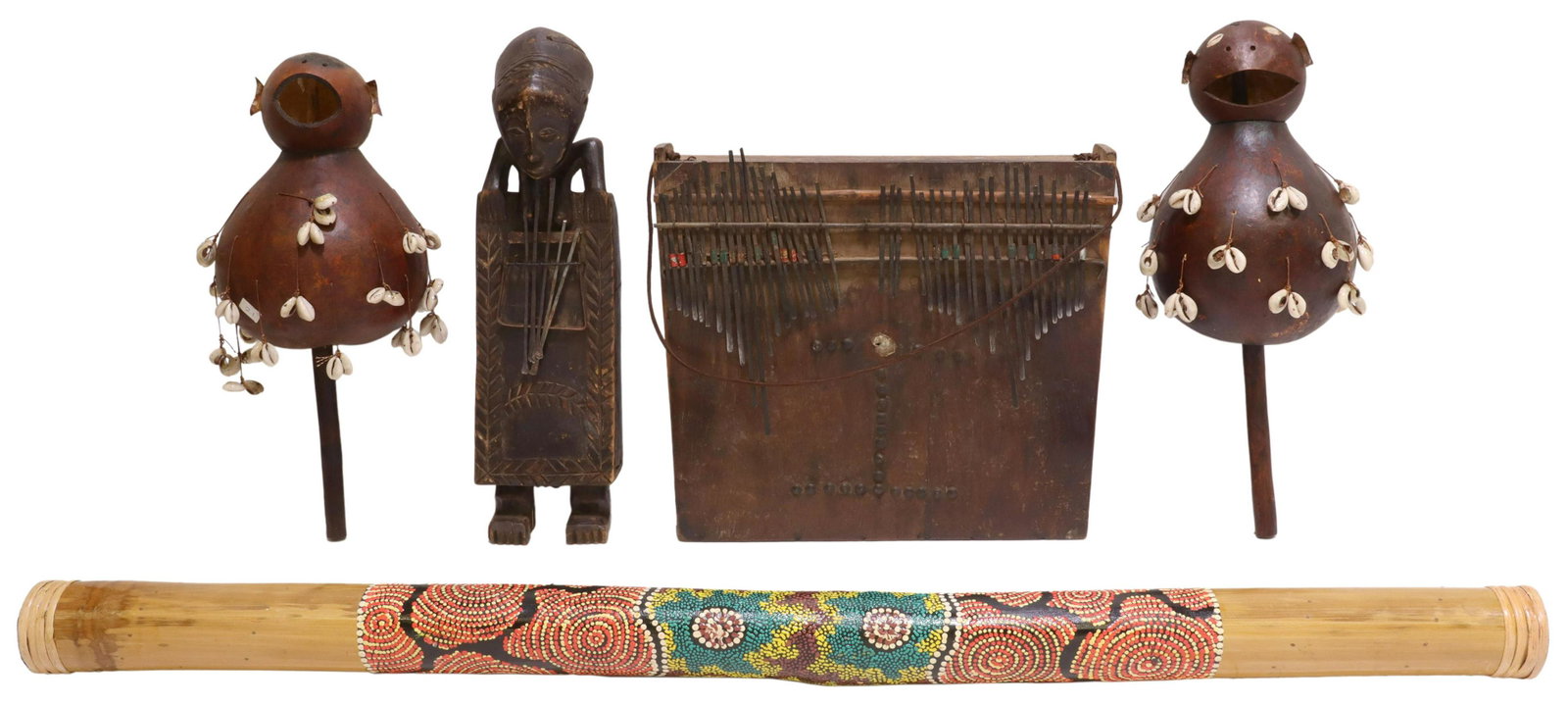 (4) AFRICAN TRIBAL MUSICAL INSTRUMENTS, SANZA: (lot of 4) African tribal musical instruments, including: (2) Sanza/ Mbira thumb piano instruments, (one) wood box, with polychrome beads and metal accents, (one) figural carved wood, with stylized fo
