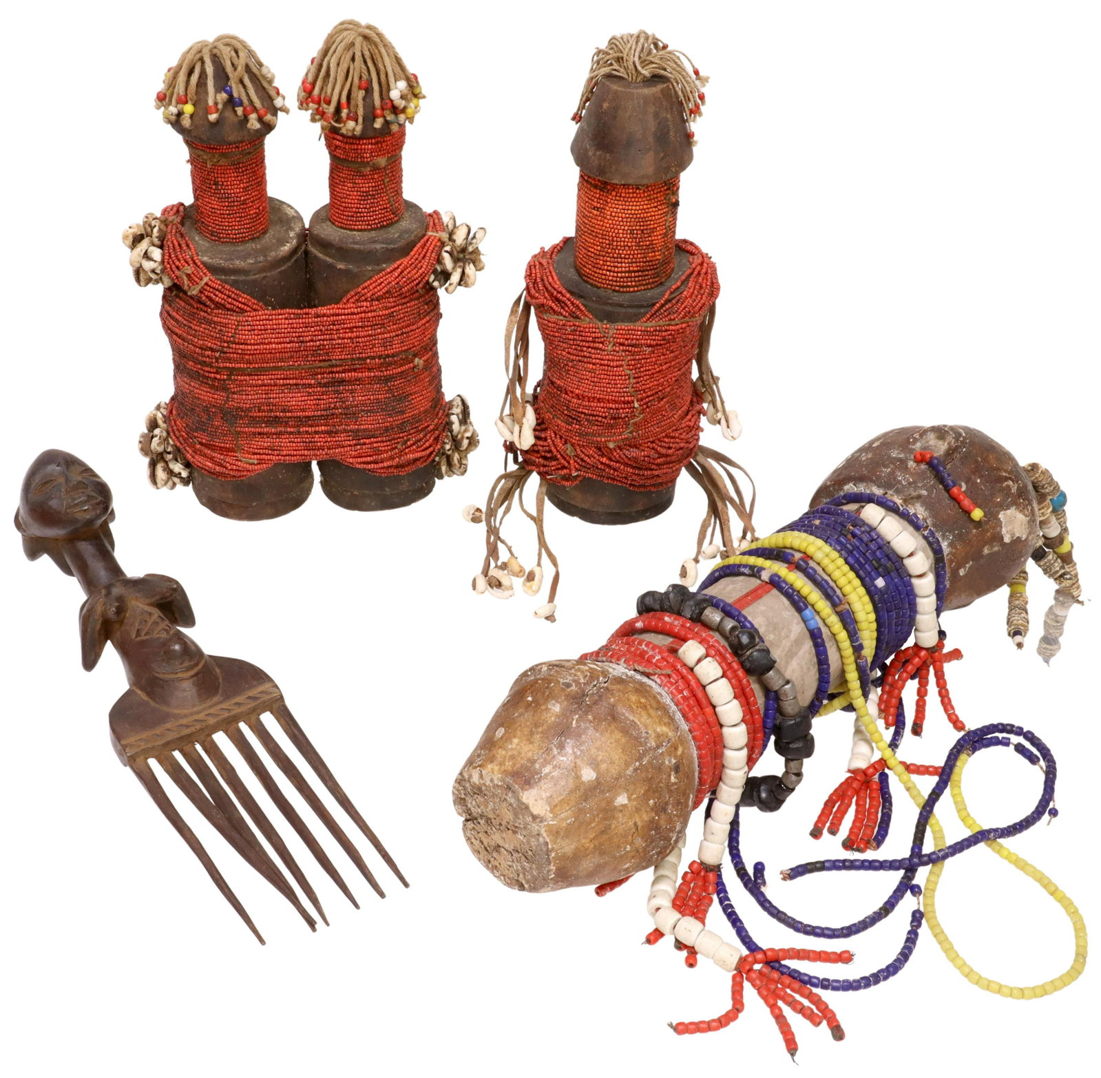 (4) AFRICAN CARVED WOOD & BEADED FIGURES, COMB: (lot of 4) African wood carvings: (2) Fali fertility dolls, Cameroon, (one) modeled as two figures, both beaded and accented with cowrie shells, largest: approx 10.75"h, 7"w, 3.5"d; (1) carved fetish 