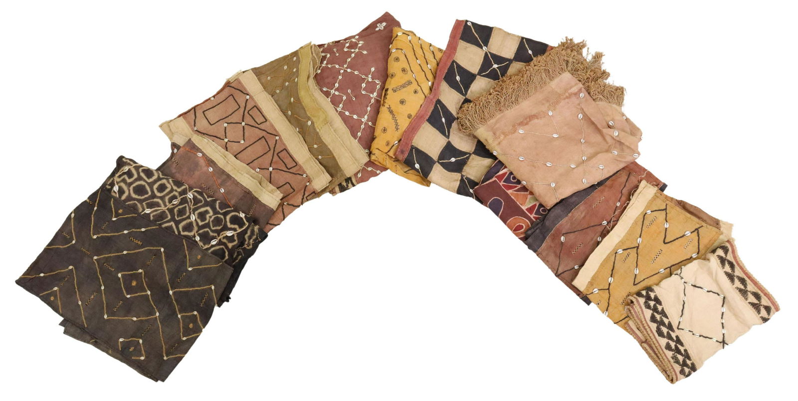 (LOT) AFRICAN PAINTED & COWRIE SHELL TEXTILES: (lot) African textiles, including table runners, fabric pieces, (one) painted textile, many having applied cowrie shells, some loss, patch repairs, and spotting throughout, largest: approx 25'l, 2'7.5