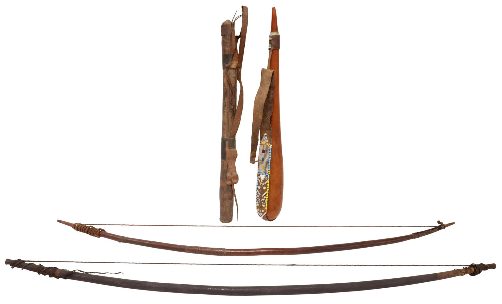 (LOT) AFRICAN TRIBAL BOWS, ARROWS, QUIVER & GOURD: (lot of 10) African tribal weaponry and gourd, including: (2) wood bows, with woven strings, largest: approx 53"l; (1) wood and leather banded quiver, approx 25"l, 1.75"diam; (6) arrows, with various 