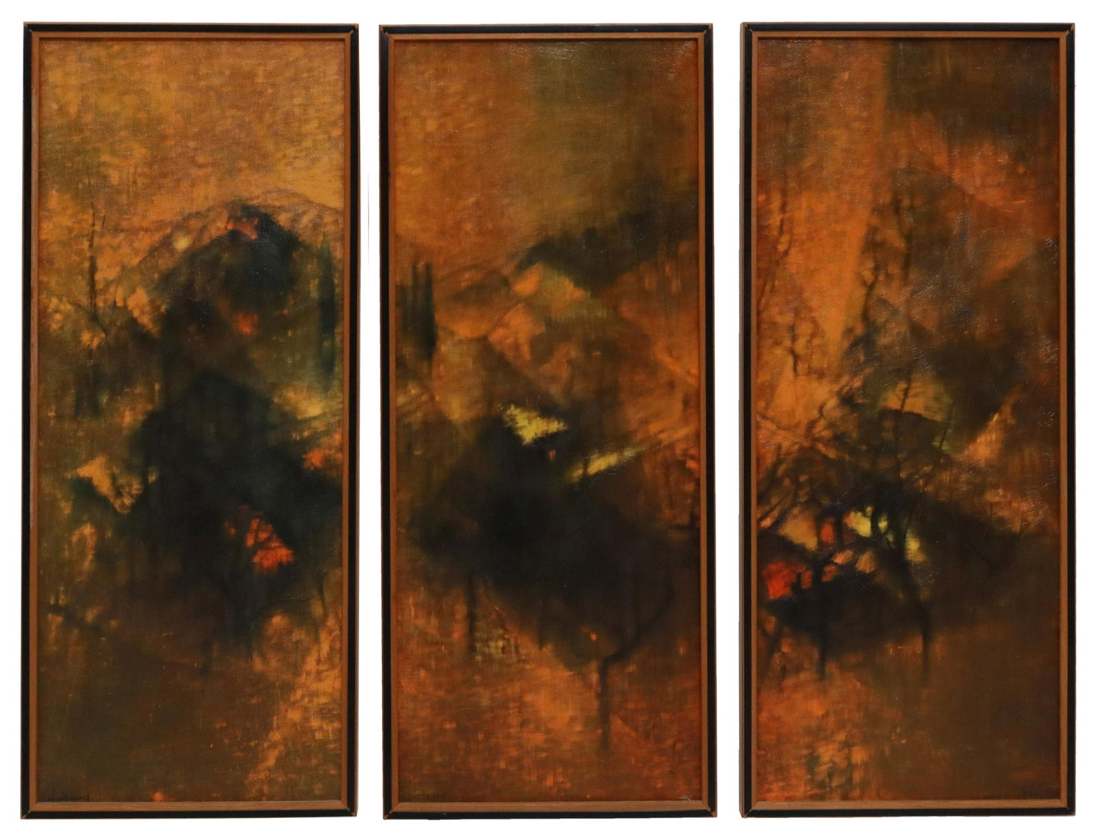 LEBADANG (1922-2015) PRINT ON CANVAS TRIPTYCH: Framed print on stretched canvas triptych, "Oriental Sunset," signed Lebadang (Vietnamese, active in France, 1922-2015), Co-Ordinated Arts label verso, each sight: approx 29.5"h, 11.5"w, each frame ov