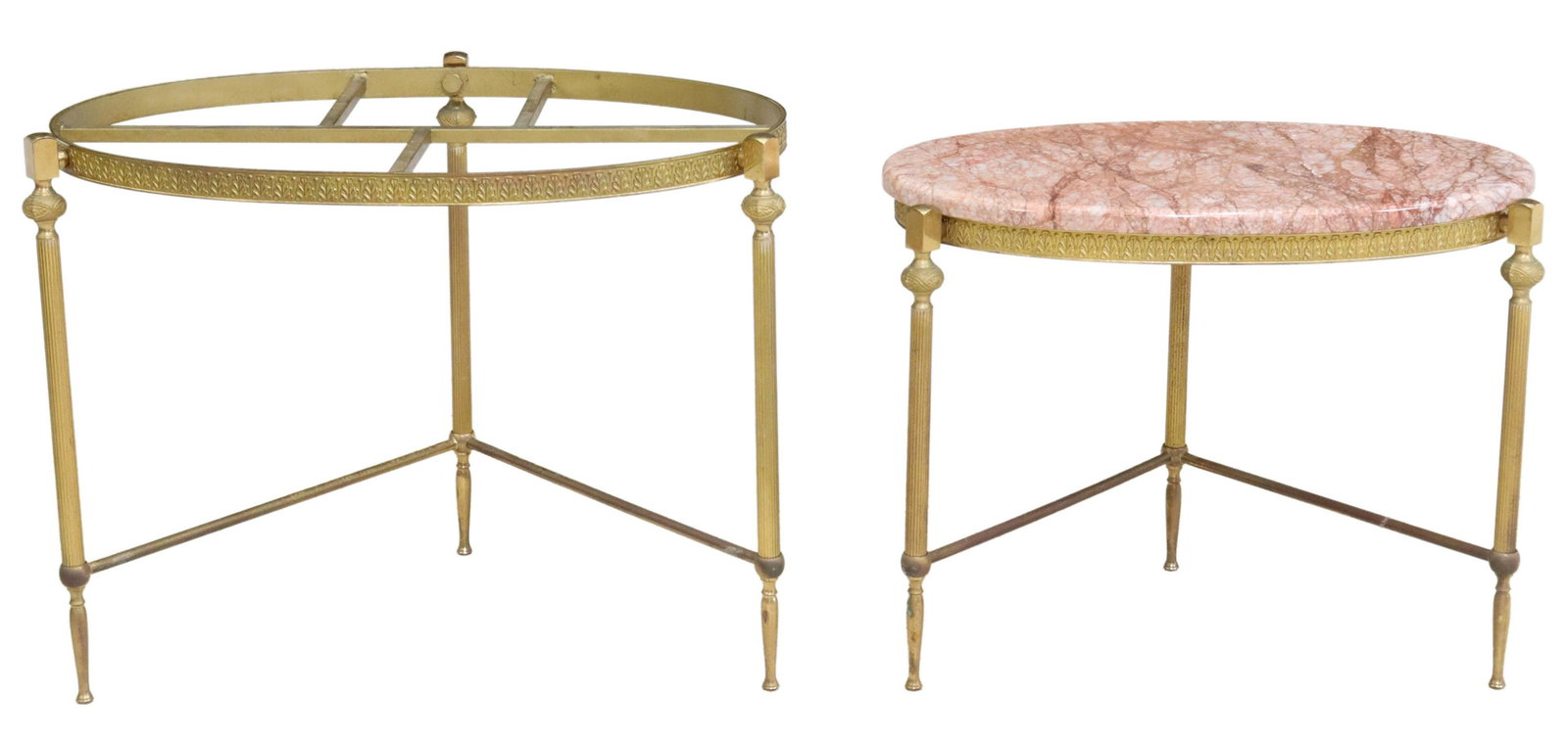 (2) FRENCH MARBLE-TOP GILT METAL NESTING TABLES: (lot of 2) French gilt metal nesting tables, 20th c., having ovular marble top, rising on fluted supports, ending in tapered legs and flared feet, (one) table lacking marble, the other intact with res