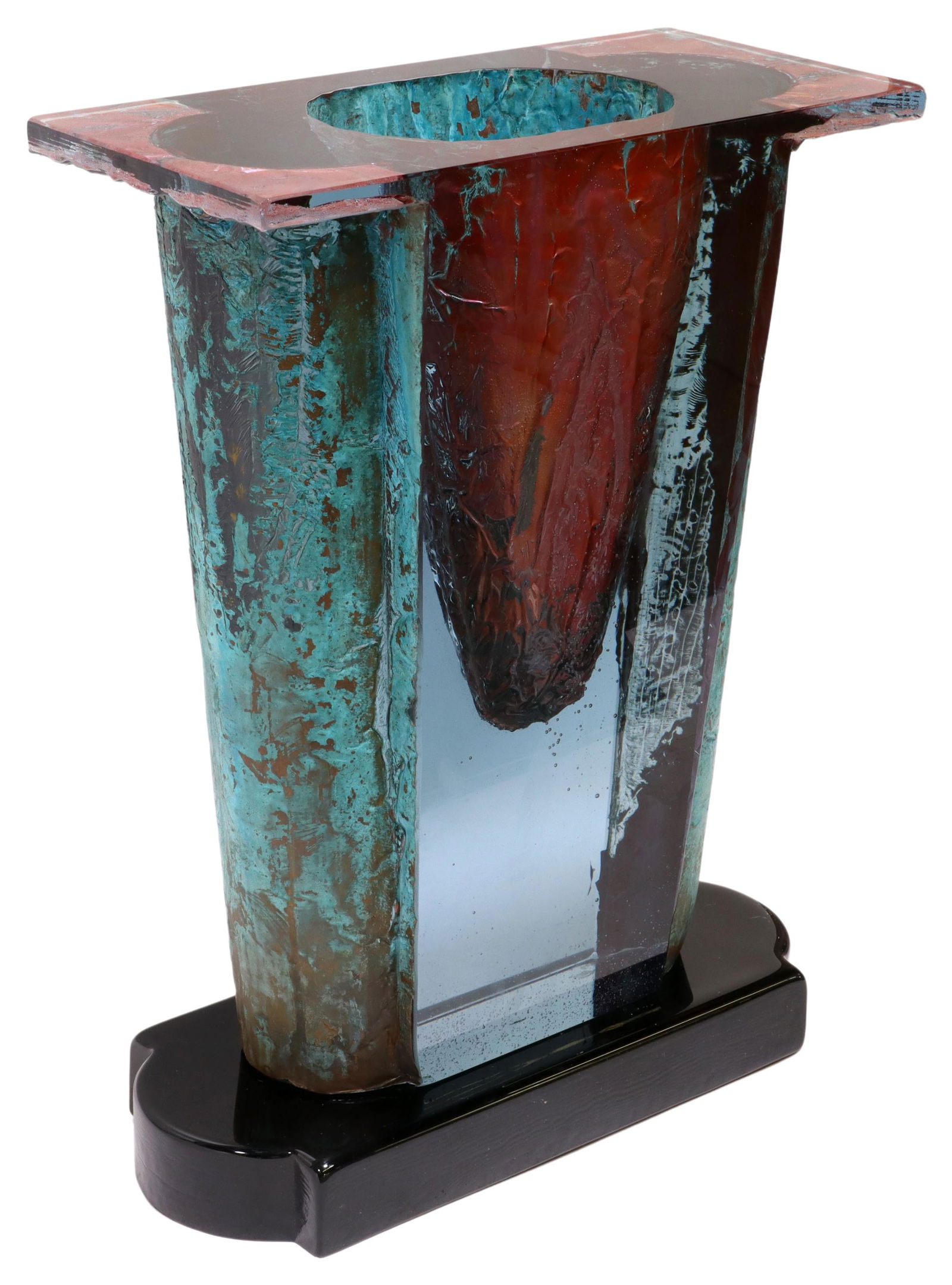 JOHN LEWIS (B.1942) CAST ART GLASS SCULPTURE: Contemporary art glass sculpture, Vessel, signed Lewis (John Lewis, American, b.1942), dated [19]91, polished cast glass, with applied patina, on black glass base, some small flaws, chips to one edge