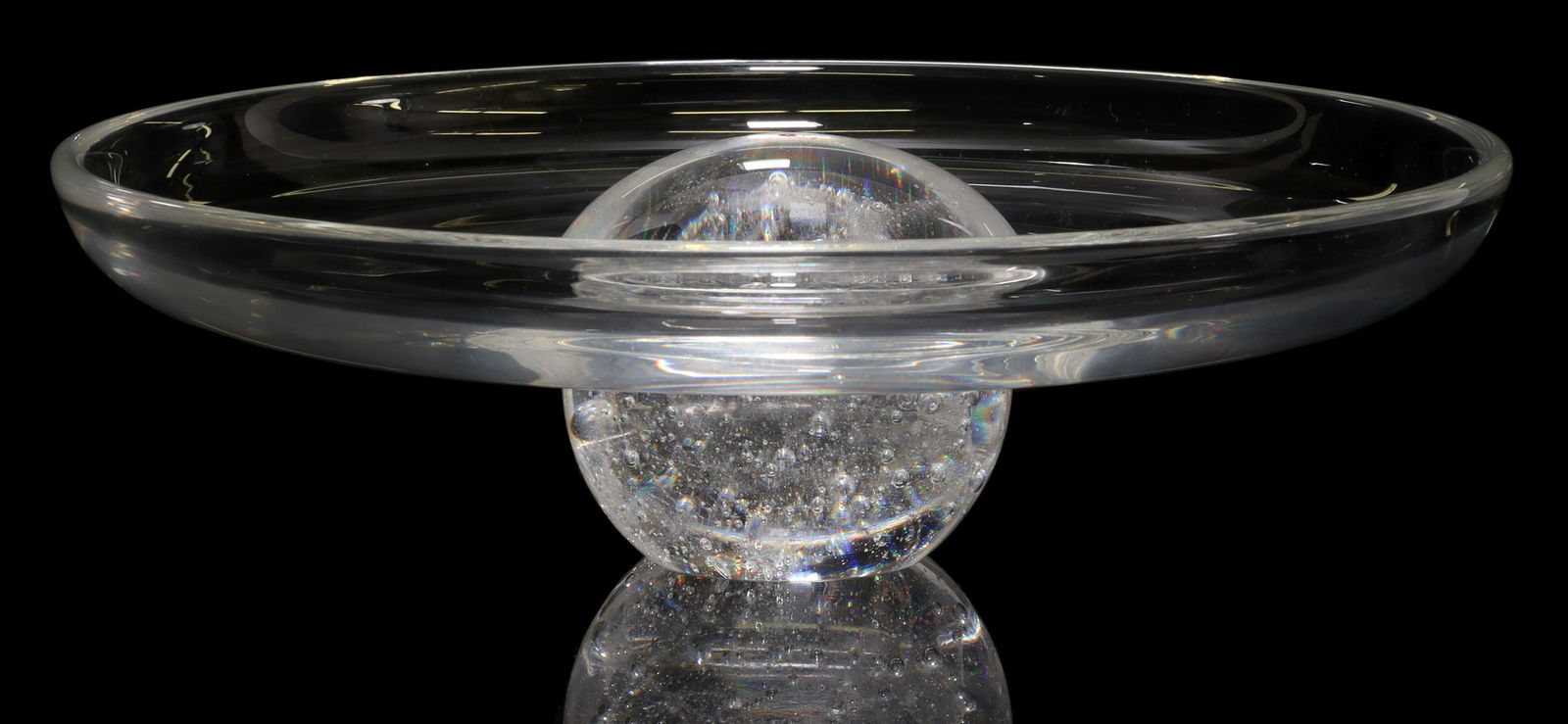 MODERN STEUBEN ART GLASS FOOTED BOWL IN BOX: Steuben colorless art glass footed bowl, 20th c., shallow circular bowl on an applied foot with trapped air bubbles, engraved signature, housed in branded box, bowl: approx 2 3/8"h, 8 1/8"diam, box: a