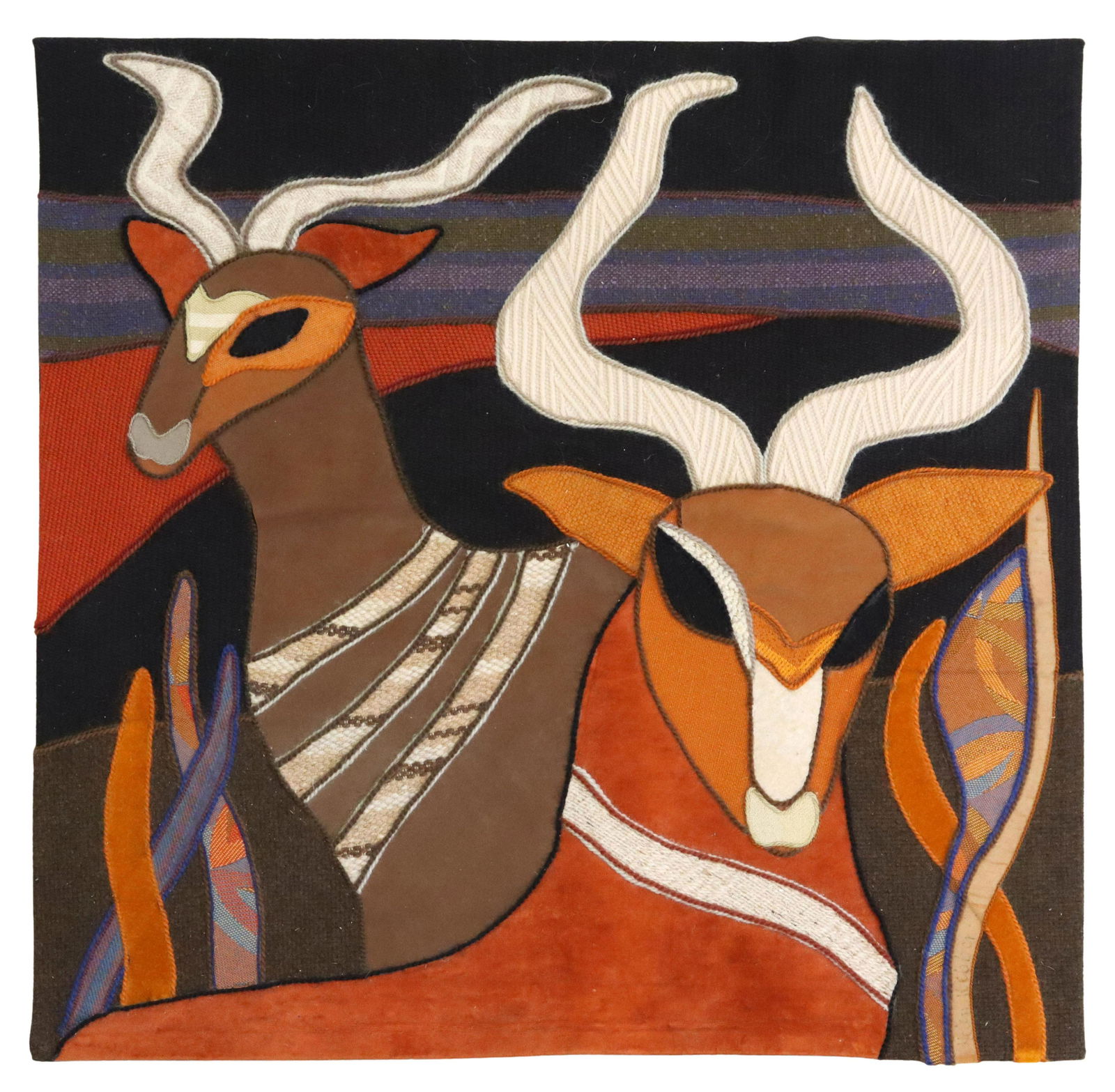 HELEN WEBBER (D.2019) FABRIC COLLAGE TAPESTRY: Fabric collage tapestry, Antelope, signed verso Helen Webber (American, 1928-2019), dated 1977, numbered 7/ 100, approx 34.75"h, 35.5"w, 4lbs Start Price: $100.00