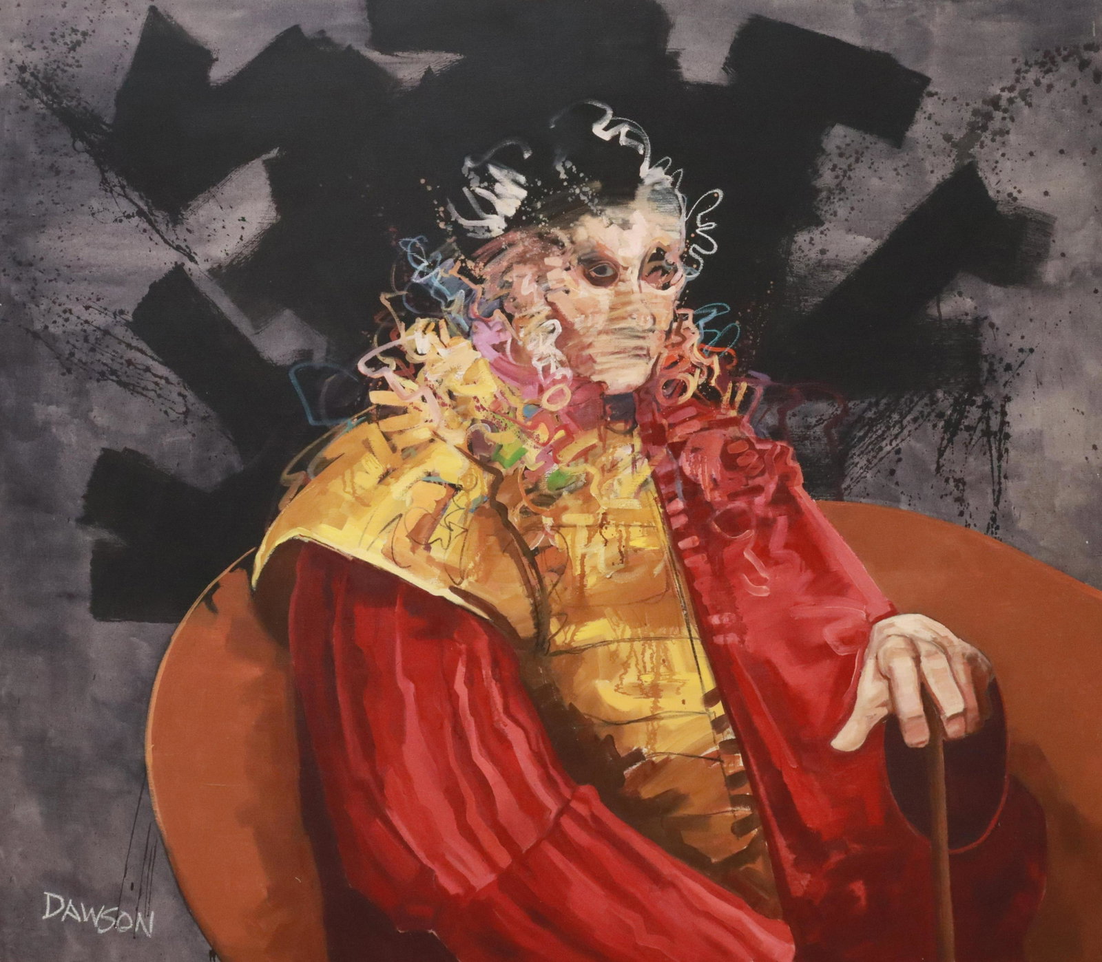 JOHN DAWSON (B.1946) CONTEMPORARY PORTRAIT: Framed oil on canvas painting, Portrait, signed lower left Dawson (John Allan Dawson, American, b.1946), signed again and dated 1988 verso, sight: approx 47.5"h, 54"w, overall: 48.5"h, 55"w, 16lbs Sta