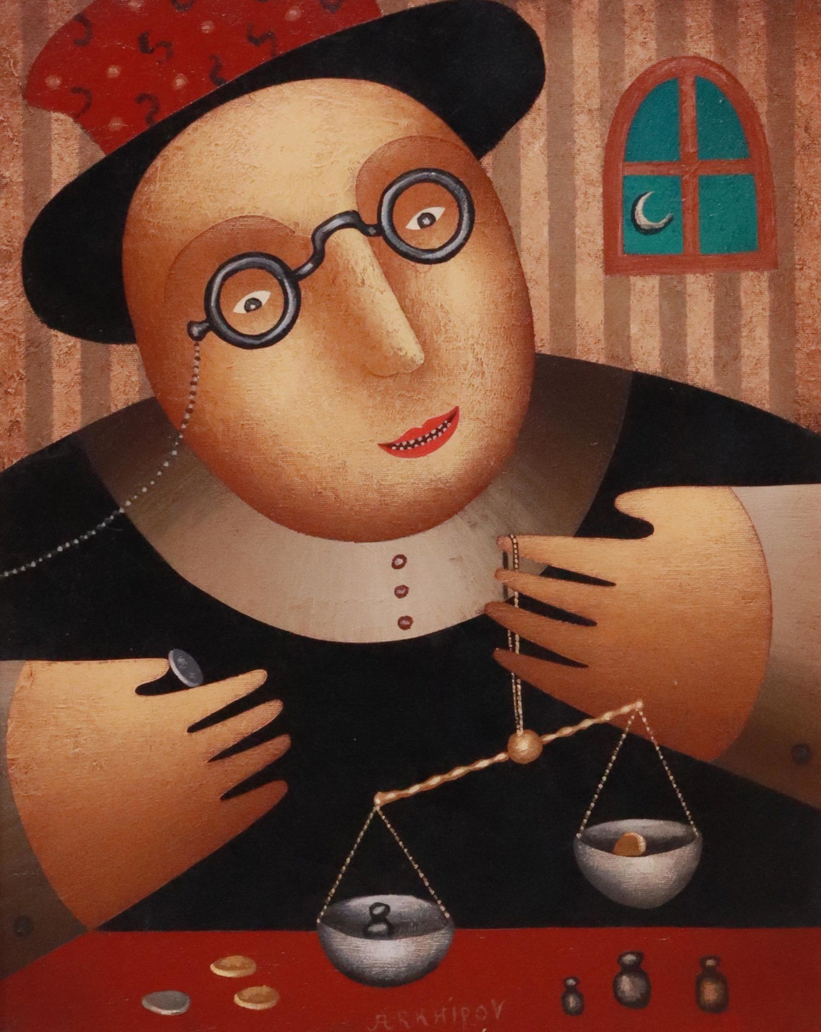 ANTON ARKHIPOV (B.1964) PAINTING THE COLLECTOR: Framed oil on canvas painting, "Collector," signed lower center Arkhipov (Anton Arkhipov, Russian, b.1964), titled and dated 1997 verso, in painted frame, sight: approx 19.5"h, 15.5"w, overall: 30.25"