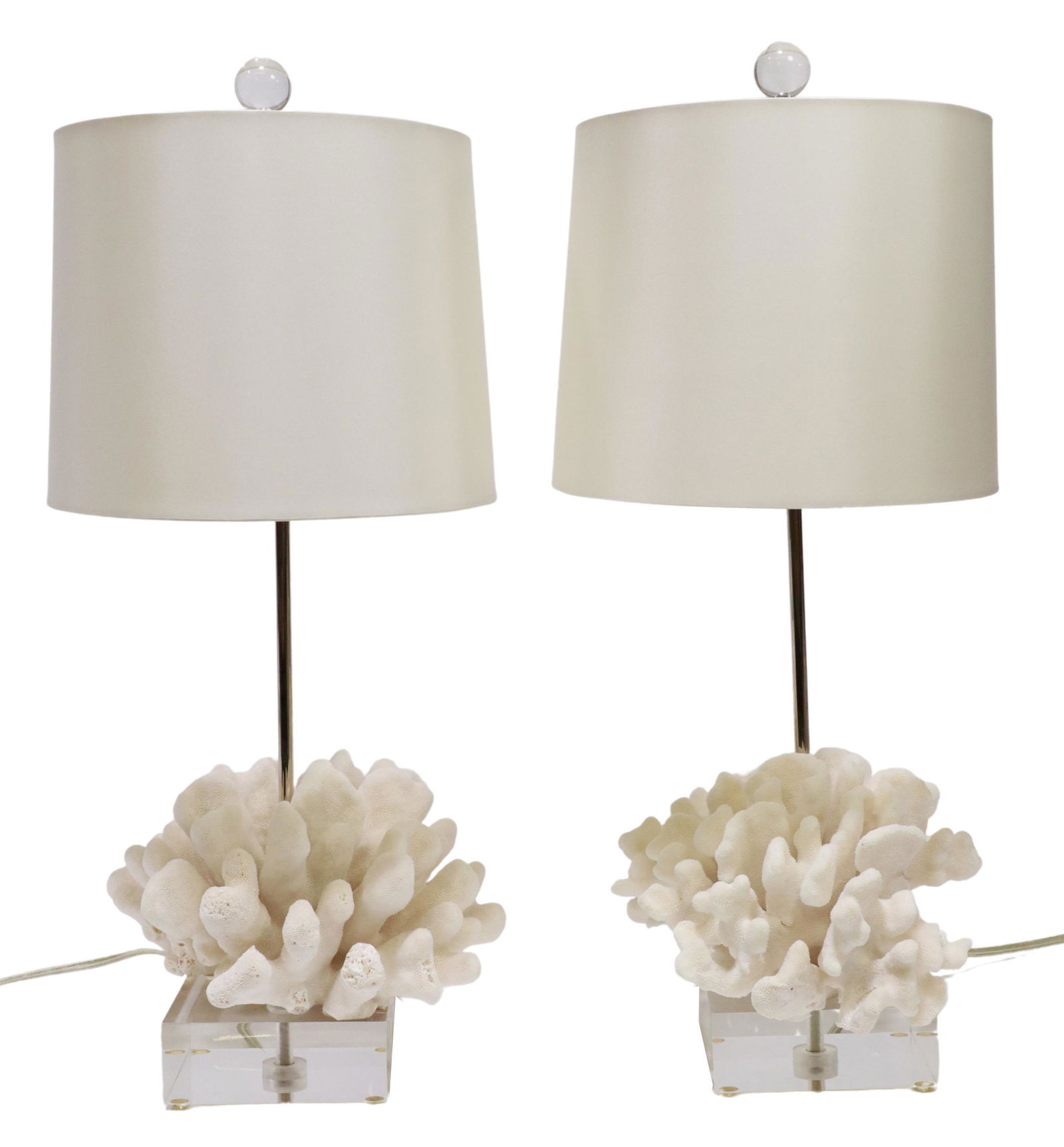(2) CAT'S PAW CORAL SPECIMEN TABLE LAMPS ON BASES: (pair) Cat's paw coral specimens, Solomon Islands, now fashioned as table lamps, mounted on clear acrylic base, accompanied by white fabric drum shade, largest specimen: approx 6"h, 9"w, 9.5"d, overal