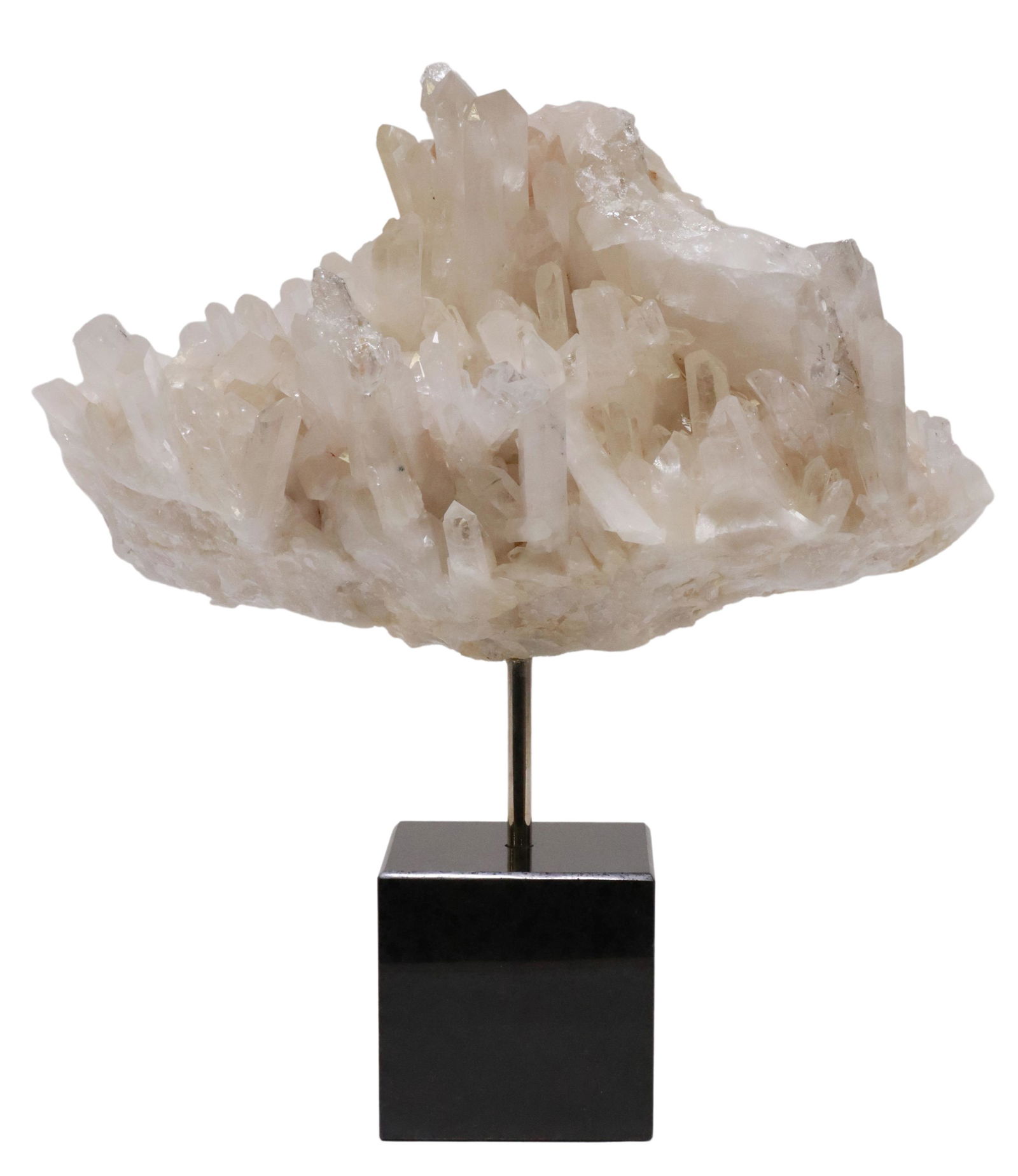 GEOLOGICAL QUARTZ CLUSTER SPECIMEN ON GRANITE BASE: Quartz cluster, Arkansas, mounted on black granite base, mineral: approx 9"h, 14"w, 6"d, overall: approx 16"h, 14"w, 8"d, 27.25lbs Start Price: $100.00
