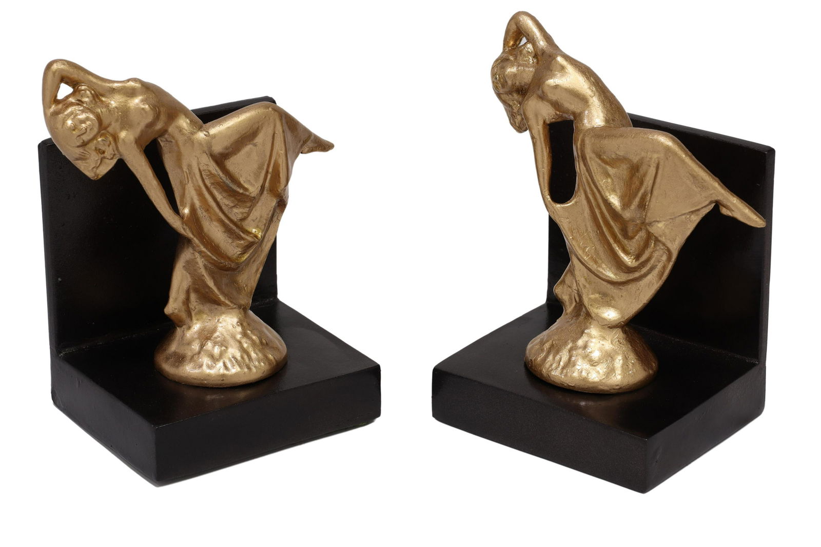 (2) ART DECO GILT METAL FEMALE DANCER BOOKENDS: (pair) Art Deco bookends, c.1930s, female dancer in later gilt paint, on L-form iron base, approx 6.5"h, 5"w, 3.25"d, 4.5lbs total Start Price: $50.00