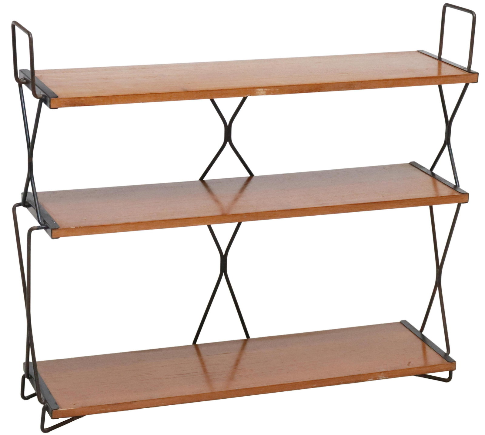ITALIAN MID-CENTURY MODERN TEAK BOOKSHELF: Italian mid-century modern teak bookshelf, c.1950s, having three open shelves, on crossed steel supports, approx 32.75"h, 36.25"w, 9.75"d Start Price: $150.00