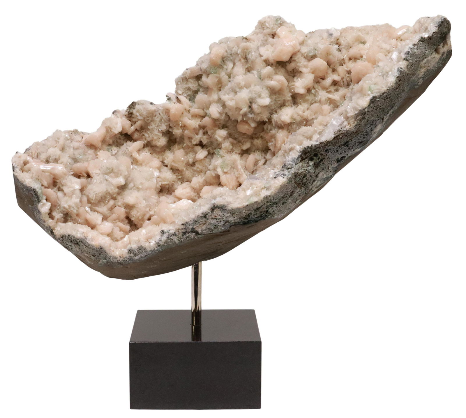 GEOLOGICAL APOPHYLLITE SPECIMEN ON GRANITE BASE: Apophyllite specimen, India, mounted on black granite base, mineral: approx 13.5"h, 19"w, 7"d, overall: approx 18"h, 19.5"w, 7"d, 44.5lbs Start Price: $150.00