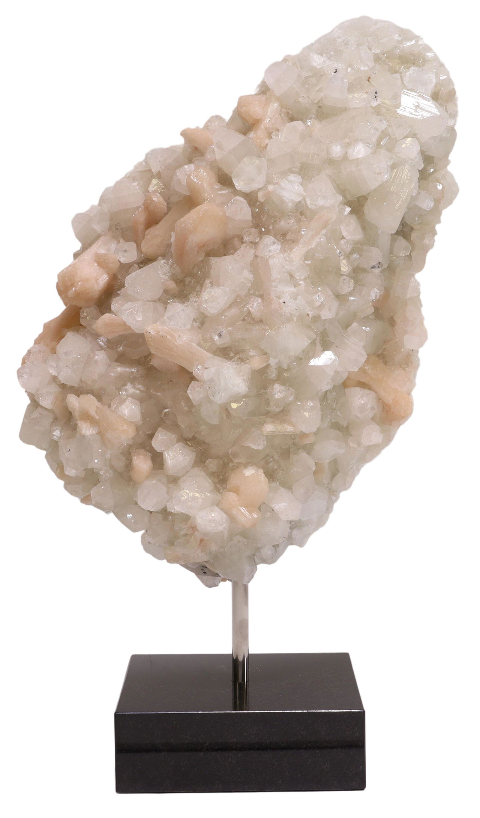 GEOLOGICAL APOPHYLLITE SPECIMEN ON GRANITE BASE: Apophyllite specimen, India, mounted on black granite base, mineral: approx 16"h, 11"w, 4.5"d, overall: approx 18.5"h, 11"w, 6"d, 33.5lbs Start Price: $150.00