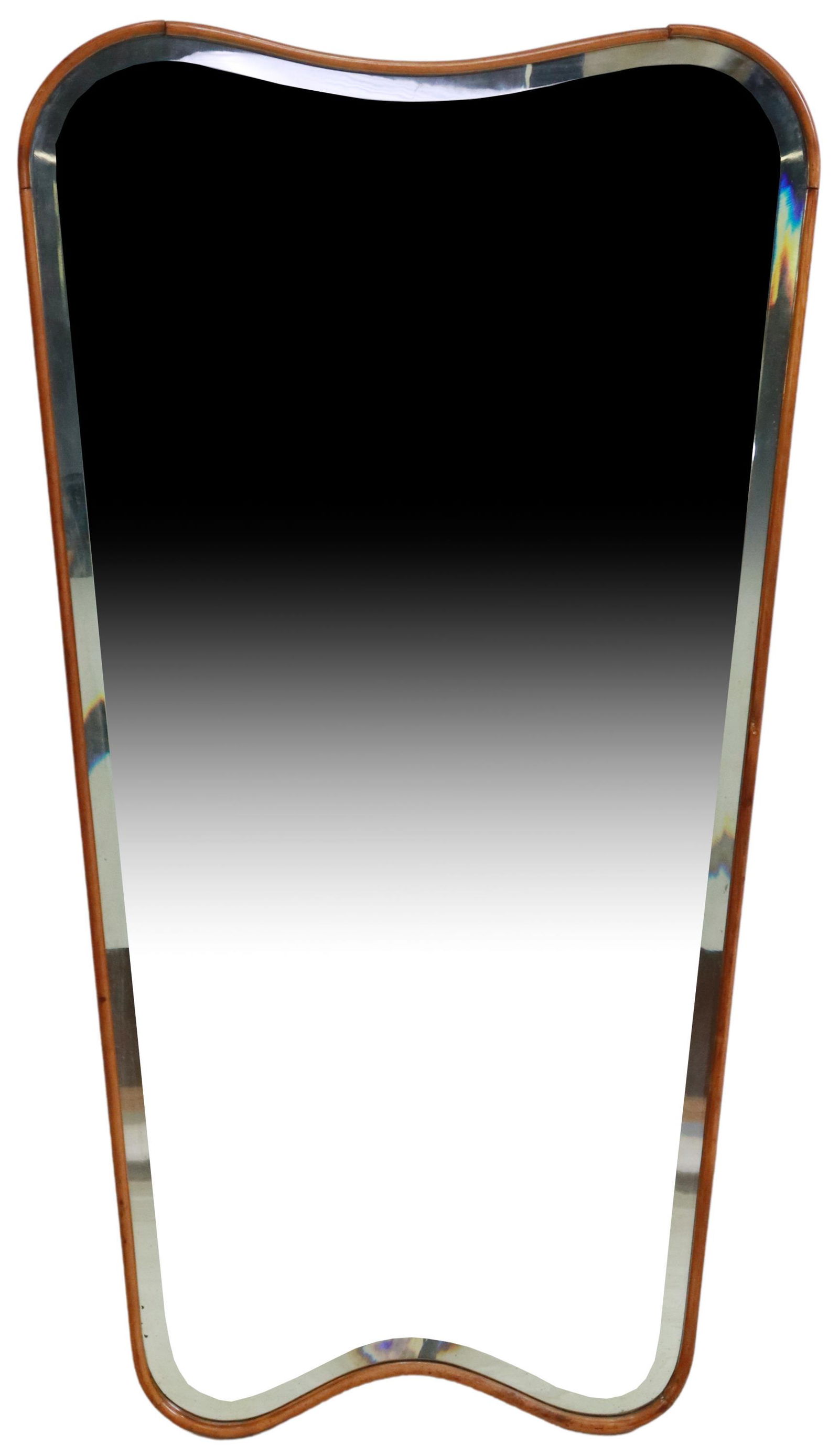 ITALIAN MID-CENTURY MODERN BEVELED MIRROR: Italian mid-century modern mirror, in the style of Gio Ponti (Italian, 1891-1979), c.1950s, having shaped and tapered frame, encasing beveled mirror plate, approx 47"h, 26.25"w, 30lbs Start Price: $10
