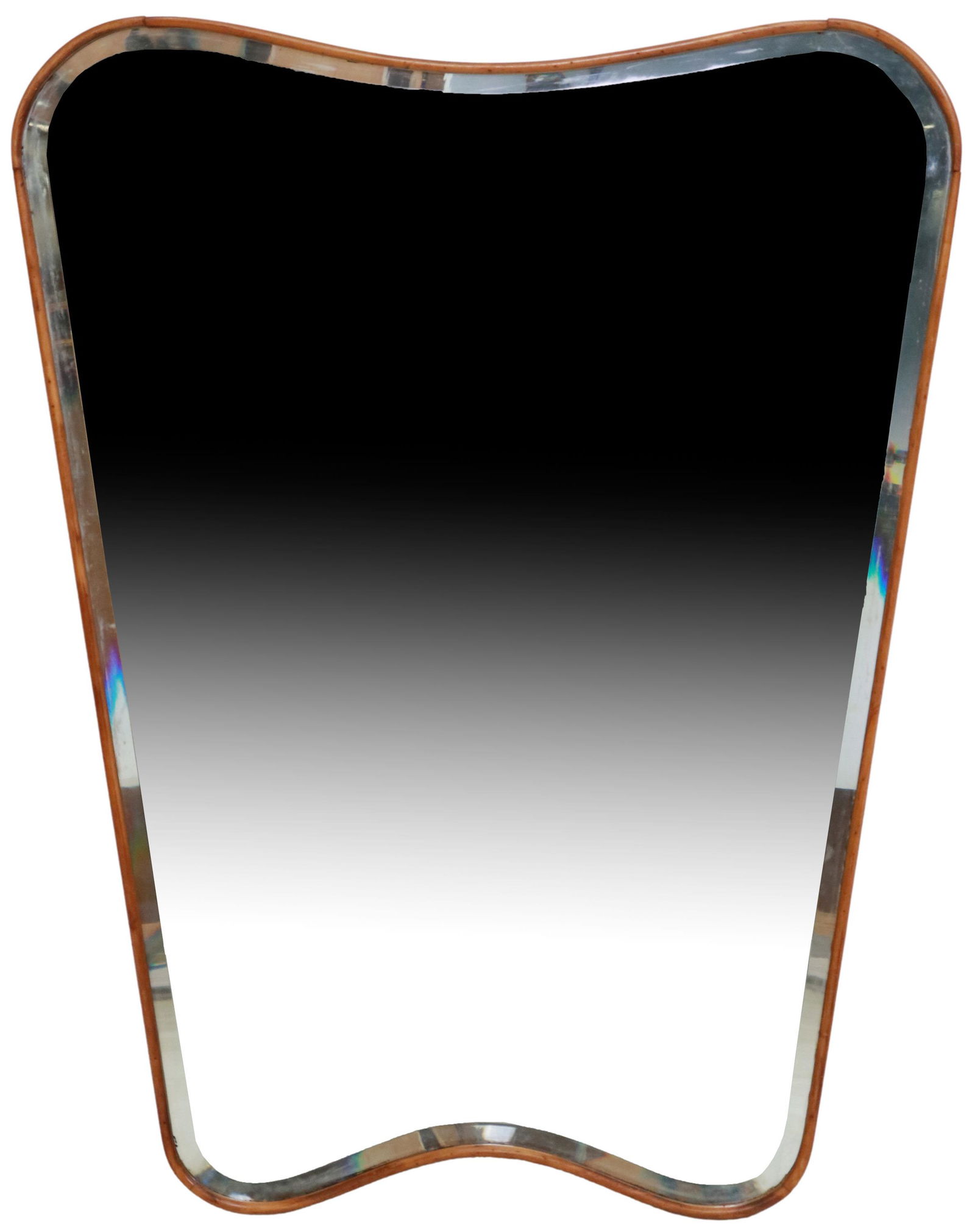 ITALIAN MID-CENTURY MODERN BEVELED MIRROR: Italian mid-century modern mirror, in the style of Gio Ponti (Italian, 1891-1979), c.1950s, having shaped and tapered frame, encasing beveled mirror plate, approx 46"h, 35"w, 50lbs Start Price: $100.0