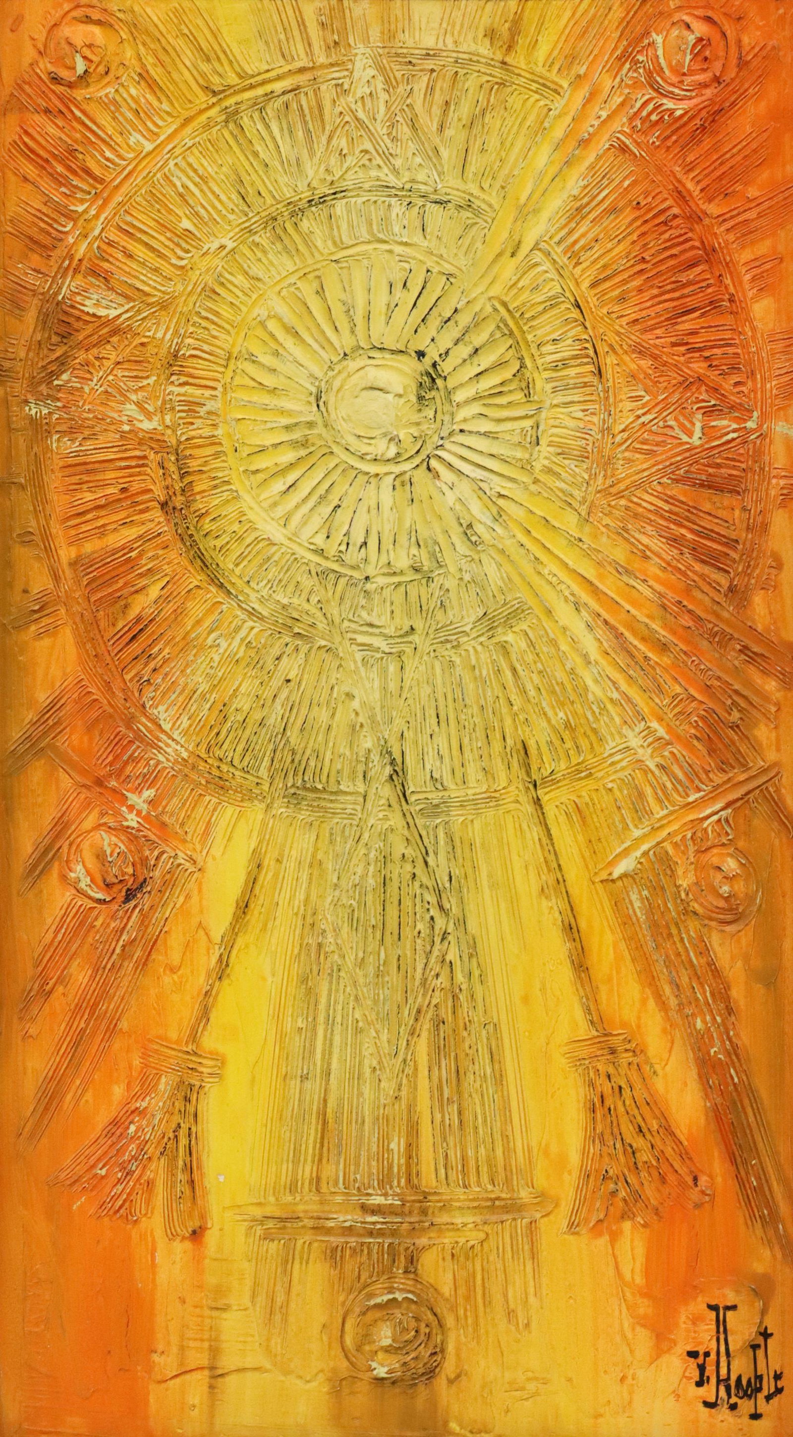 VAN HOOPLE (B.1934) MID-CENTURY MODERN PAINTING: Framed oil painting on board, Mod Sunburst, signed lower right V. Hoople (Van Hoople, American, b.1934), labeled Hillside Original on verso, sight: approx 35.75"h, 19.25"w, overall: 37.25"h, 21.25"w, 