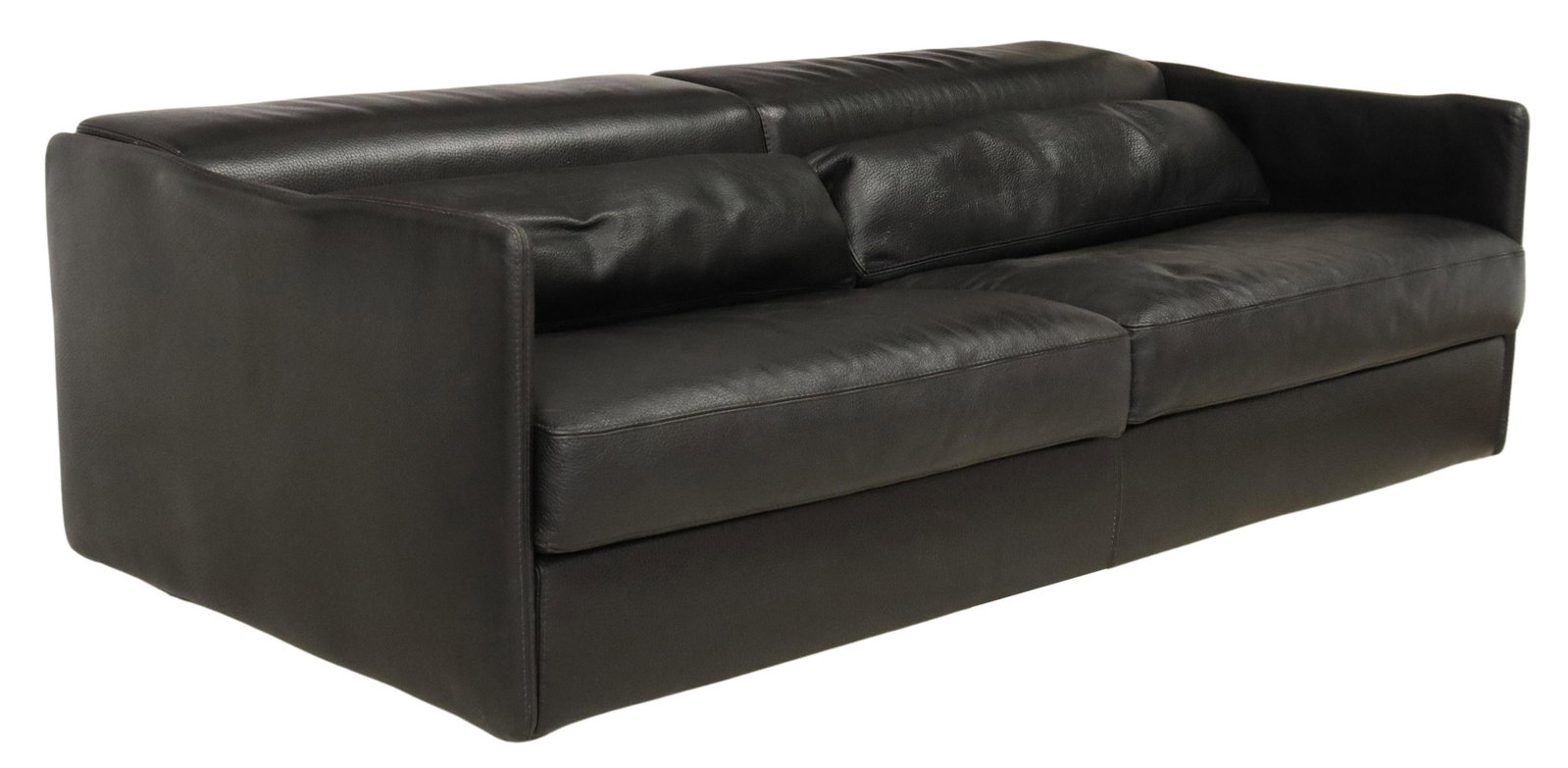 MODERN ROCHE BOBOIS BLACK GRAINED LEATHER SOFA: French modern two-seat sofa, Roche Bobois, late 20th c., black grained leather upholstery, adjustable headrest, cushions secured with zippers, headrest not currently staying in upright position indepe