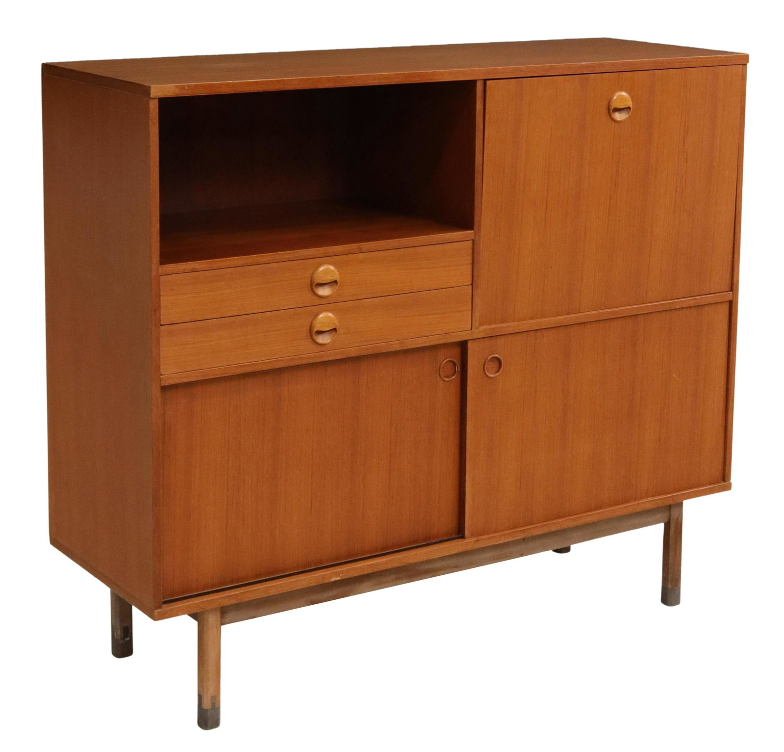 ITALIAN MID-CENTURY MODERN TEAK OFFICE CABINET: Italian mid-century modern teak office cabinet/ sideboard, c.1950s, having rectangular top, over single open storage compartment and hinged cabinet, two drawers, above dual sliding cabinet doors, risi
