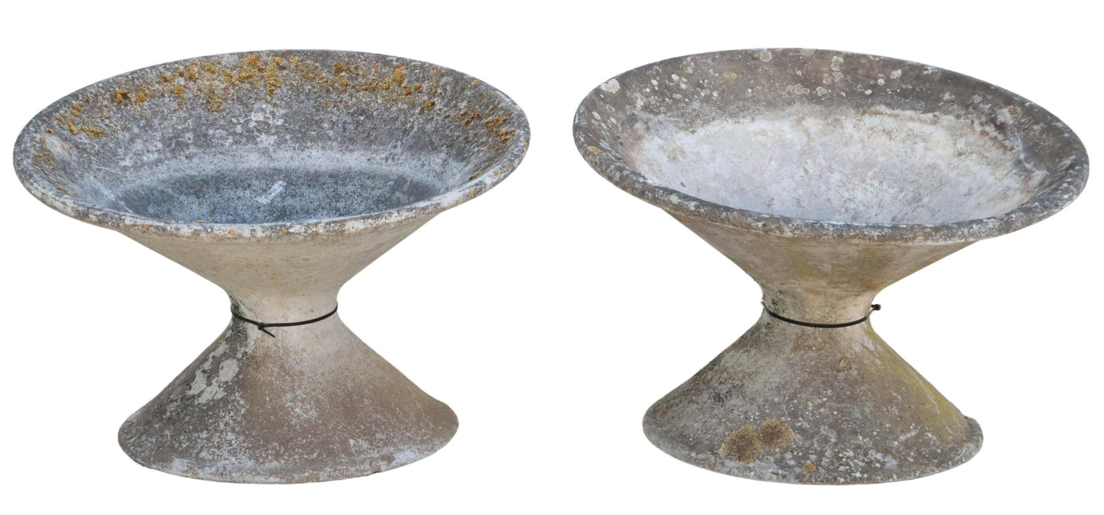 (2) MODERN WILLY GUHL (ATTRIB) OFF-KILTER PLANTERS: (lot of 2) Modernist cast composite garden planters, attributed to Willy Guhl (Swiss, 1915-2004), c.1960s, tilted round top, over hourglass shape support, sizes slightly vary, one with some larger chi