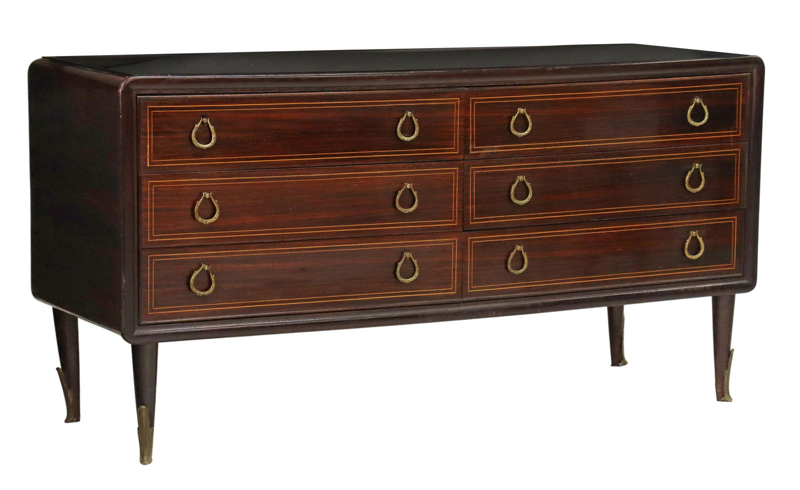 PAOLO BUFFA ITALIAN MID-CENTURY ROSEWOOD COMMODE: Italian mid-century modern rosewood chest of drawers, c.1950s, having a black glass top chest, designed by Paolo Buffa (Italian, 1903-1970), fronted with six drawers, contrasting stringwork, rising on