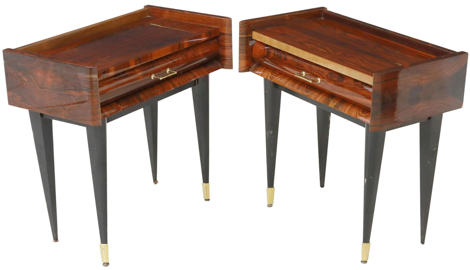 (2) FRENCH MID-CENTURY MODERN ROSEWOOD NIGHTSTANDS: (pair) French mid-century modern rosewood nightstands, c.1950s, gallery top, over single drawer, with gilt metal pull, rising on tapered legs, front legs ending in capped feet, some tonal variation, (